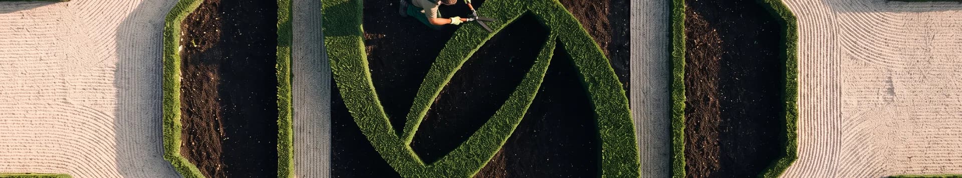 The Umber ribbon-knot mark cut as a hedge maze into a formal garden, seen from directly above.