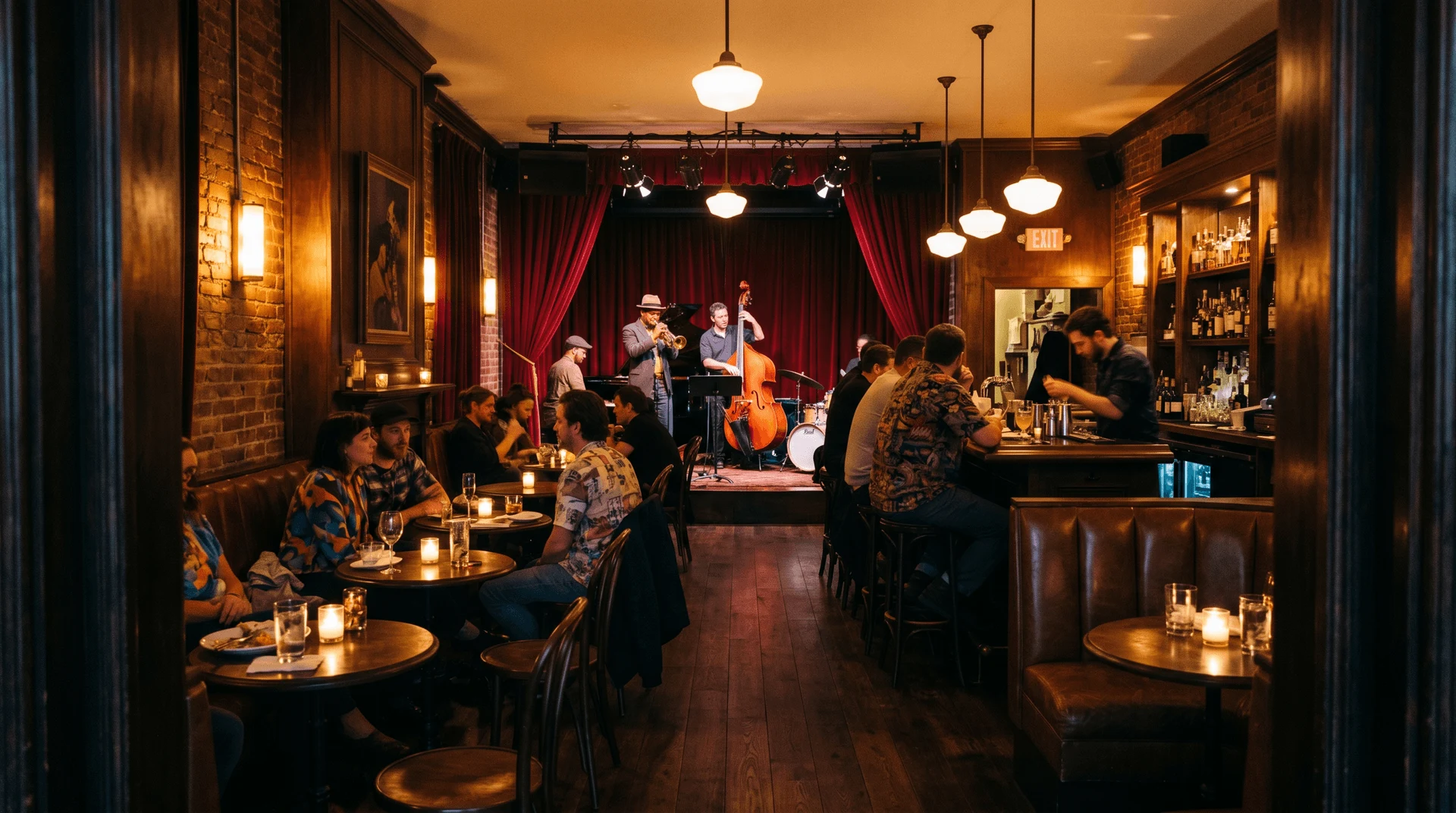 Still from the film: a live trio playing to a full room in a warm-lit jazz bar.