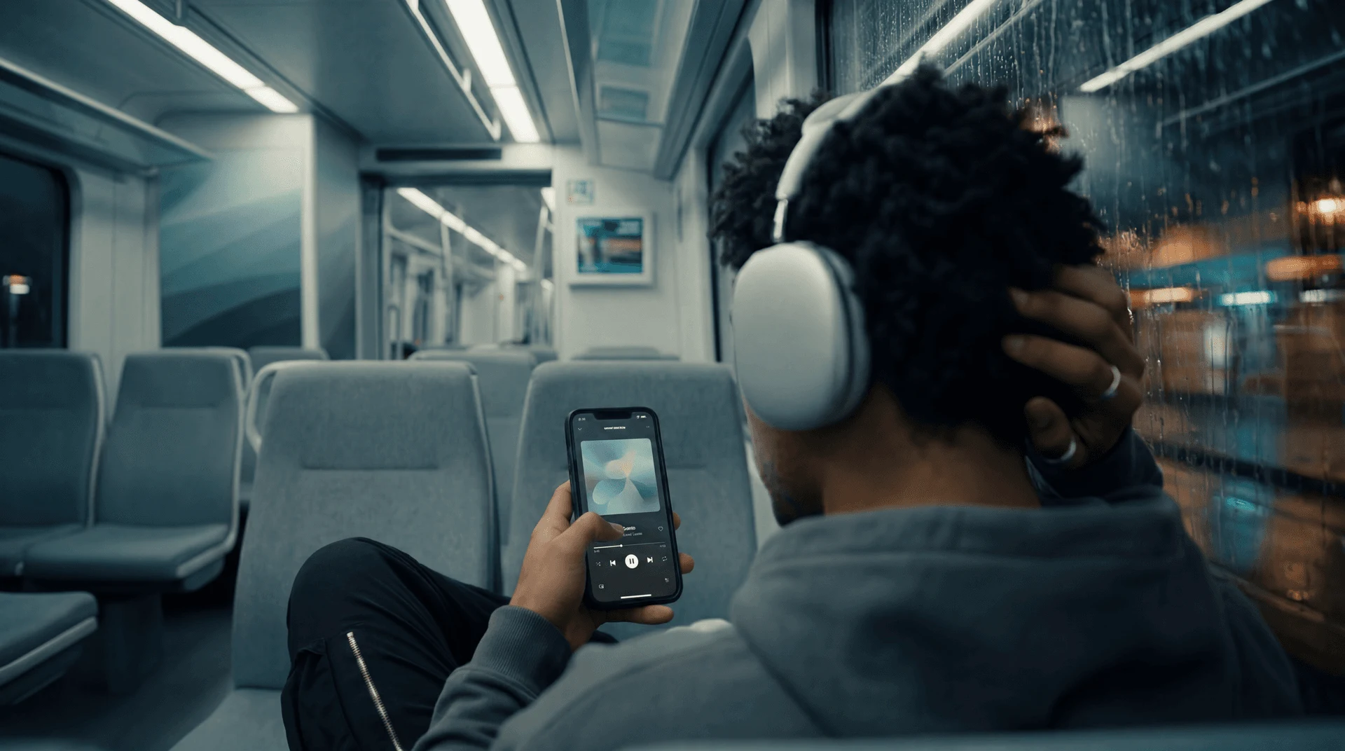 Still from the film: a commuter on a night train wearing headphones, scrolling on a phone.