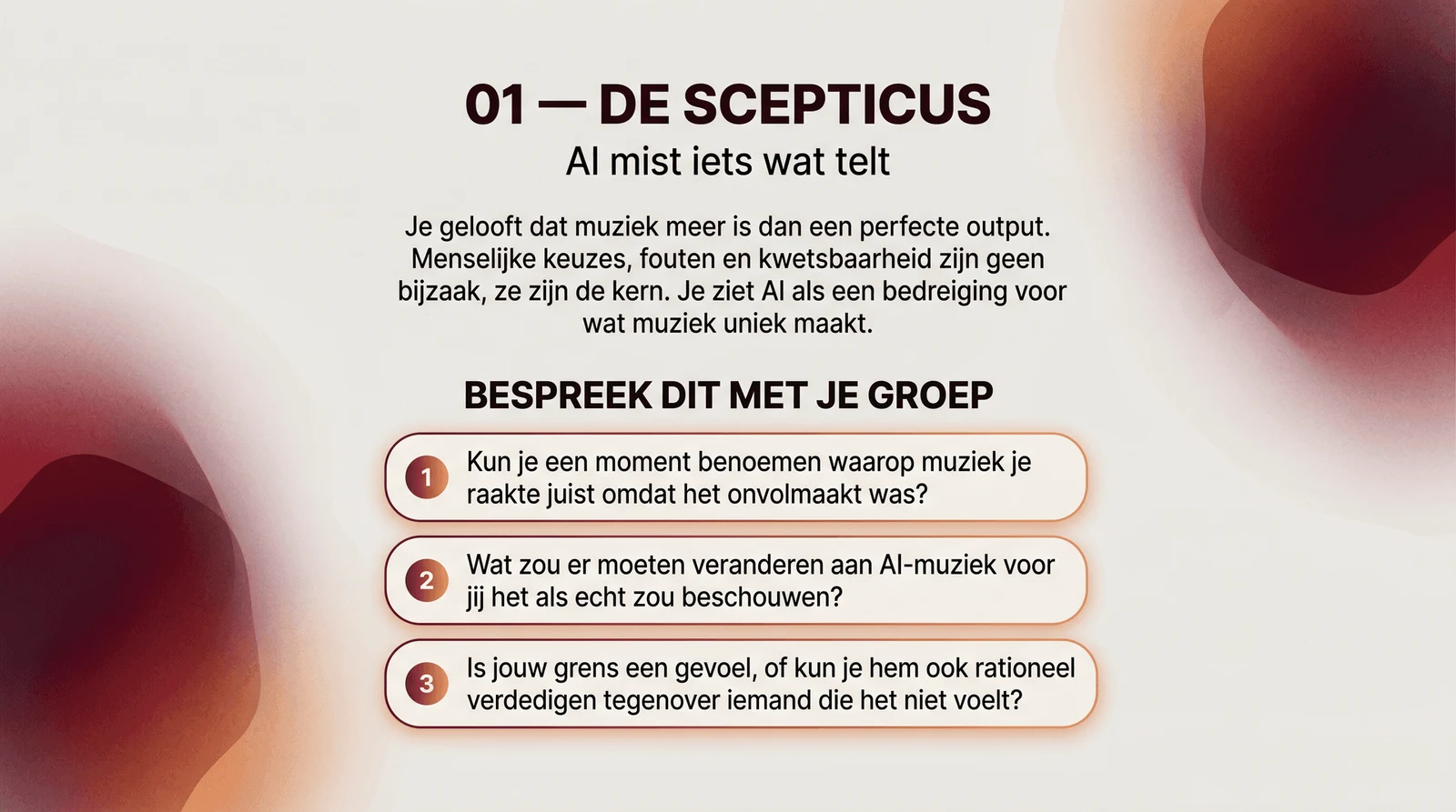 Discussion tool, card 1: De Scepticus: a stated position on AI and music with three questions for the group.