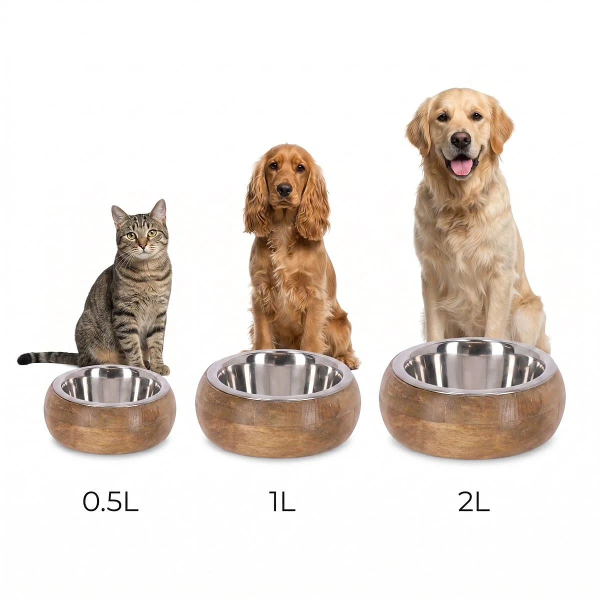 Sizing visual: a cat, a cocker spaniel and a golden retriever each sitting behind the bowl size meant for them, labelled 0.5L, 1L and 2L.