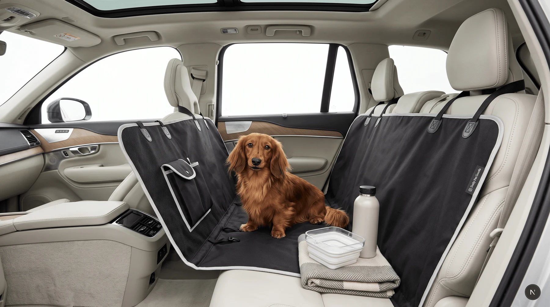 The back-seat protector fitted across a car's rear bench with a long-haired dachshund sitting on it.