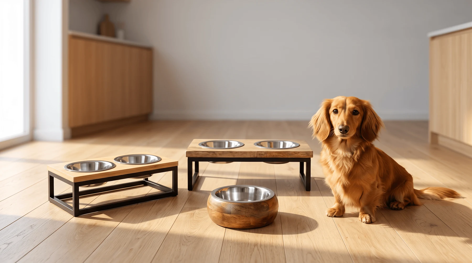 The three feeding-station sizes lined up on a wooden floor with a long-haired dachshund sitting beside them.