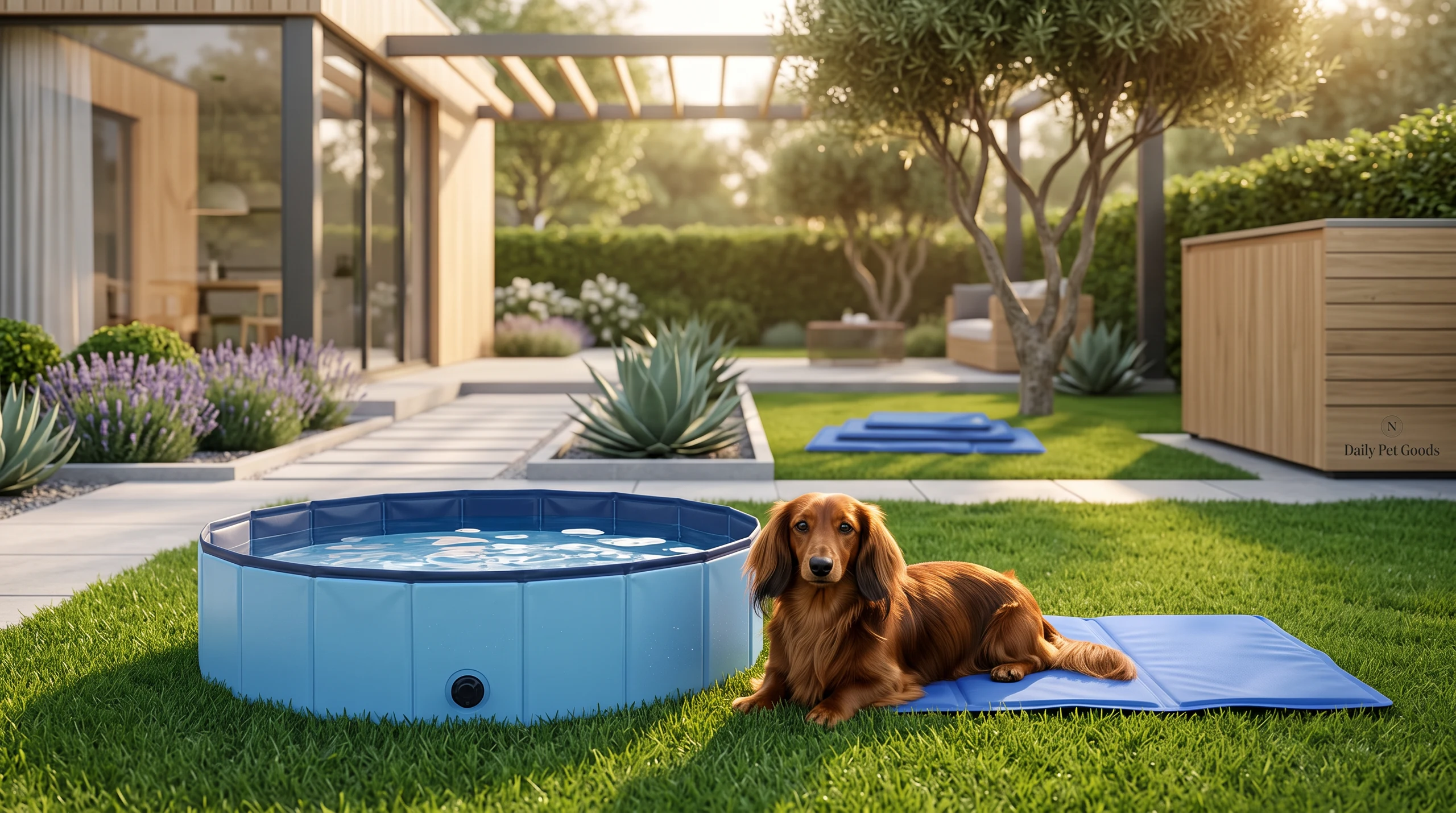 Campaign photograph: a dachshund lying on a blue cooling mat beside the folding paddling pool in a sunlit garden.