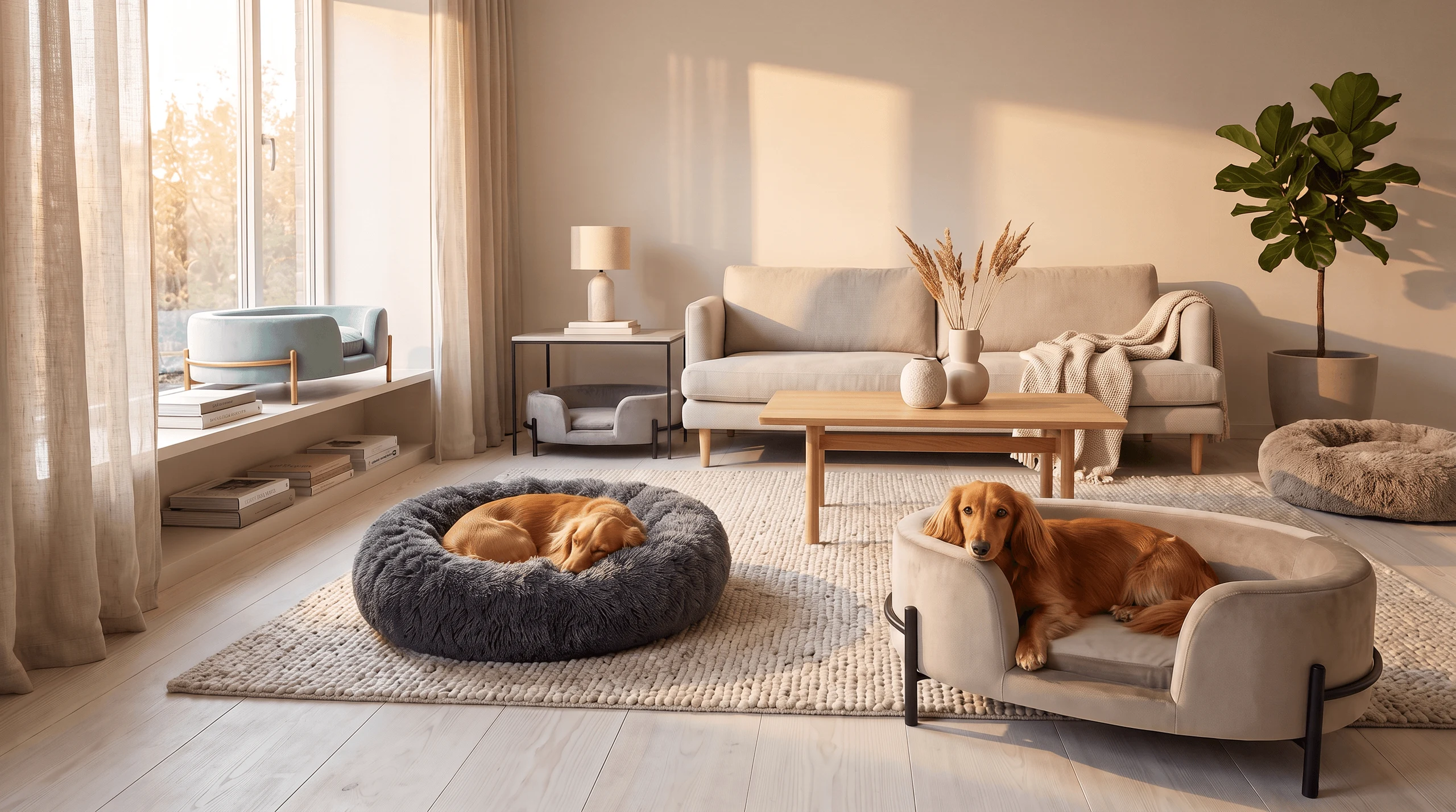 Campaign photograph: a golden retriever asleep in the grey velvet Sambo bed in a sunlit living room, with a second dog on a sofa bed behind it.