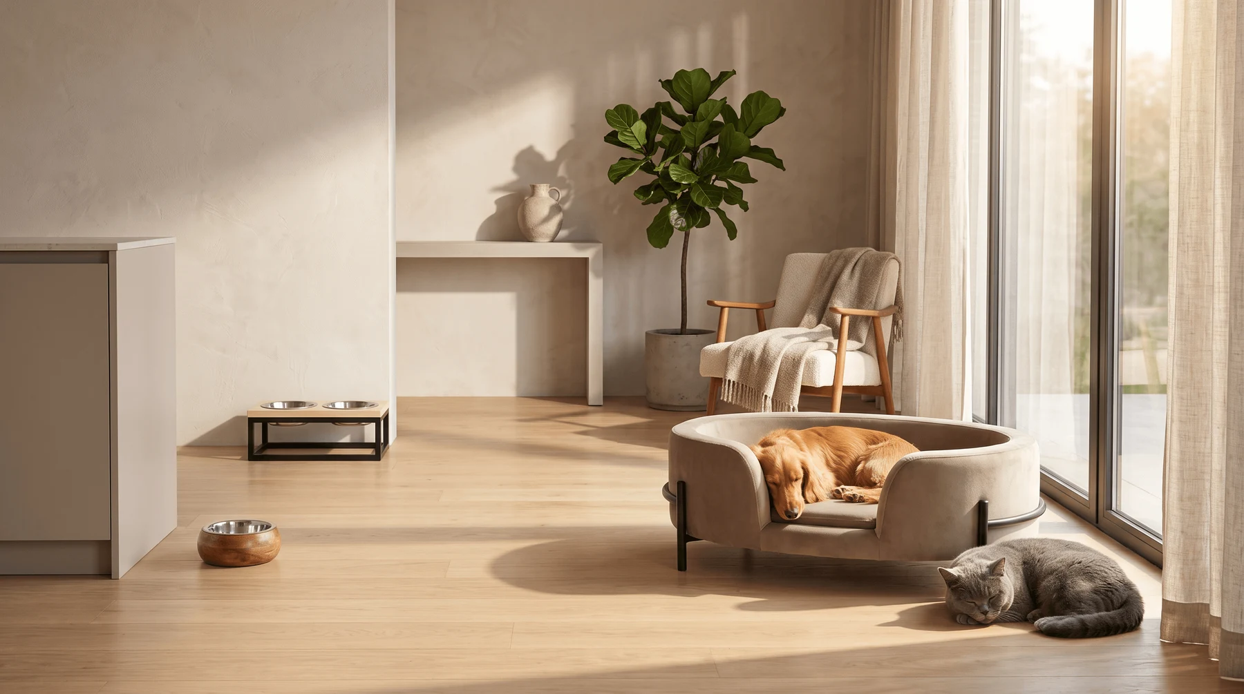 Campaign photograph: the sofa bed and a feeding station in a bright living room, a cat asleep on the floor beside them.