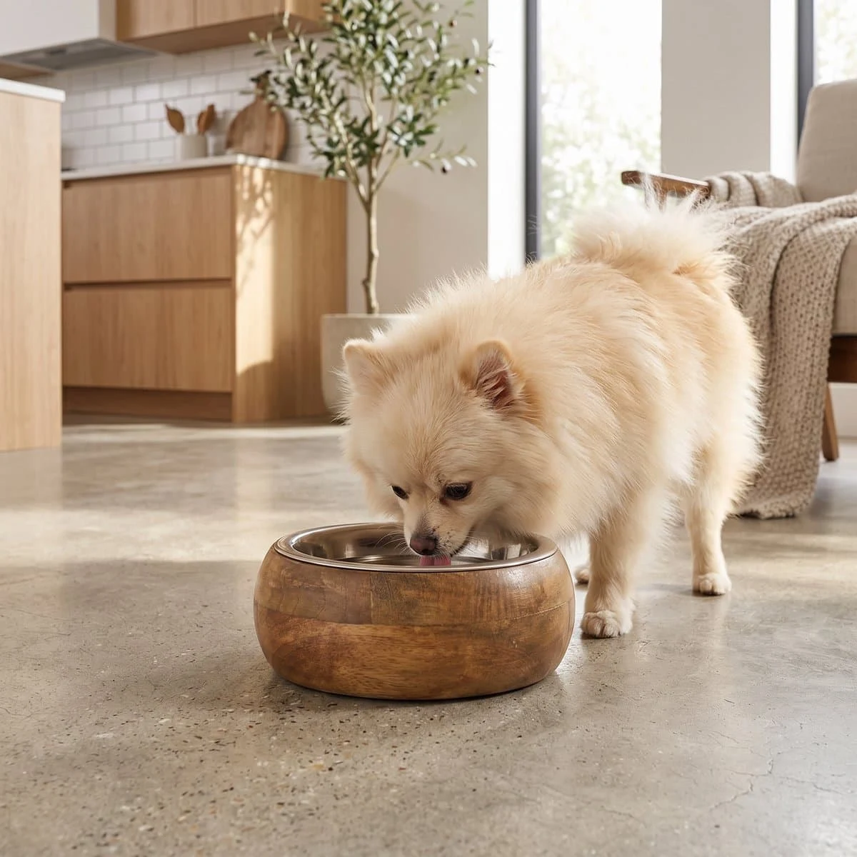 Lifestyle photograph: a cream pomeranian eating from the mango-wood bowl on a kitchen floor.