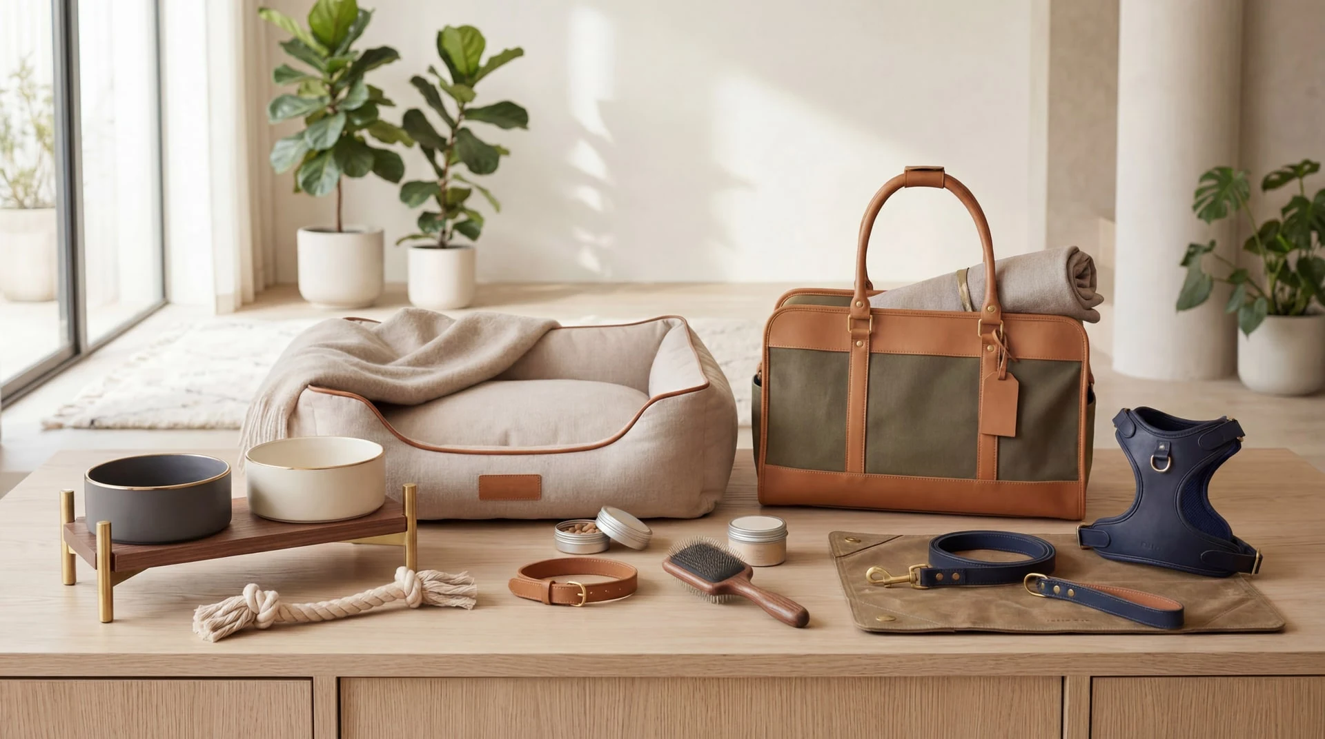 The range laid out on a sideboard: a bed, a travel bag, bowls, a lead, brushes and toys, styled as a single flat-lay.