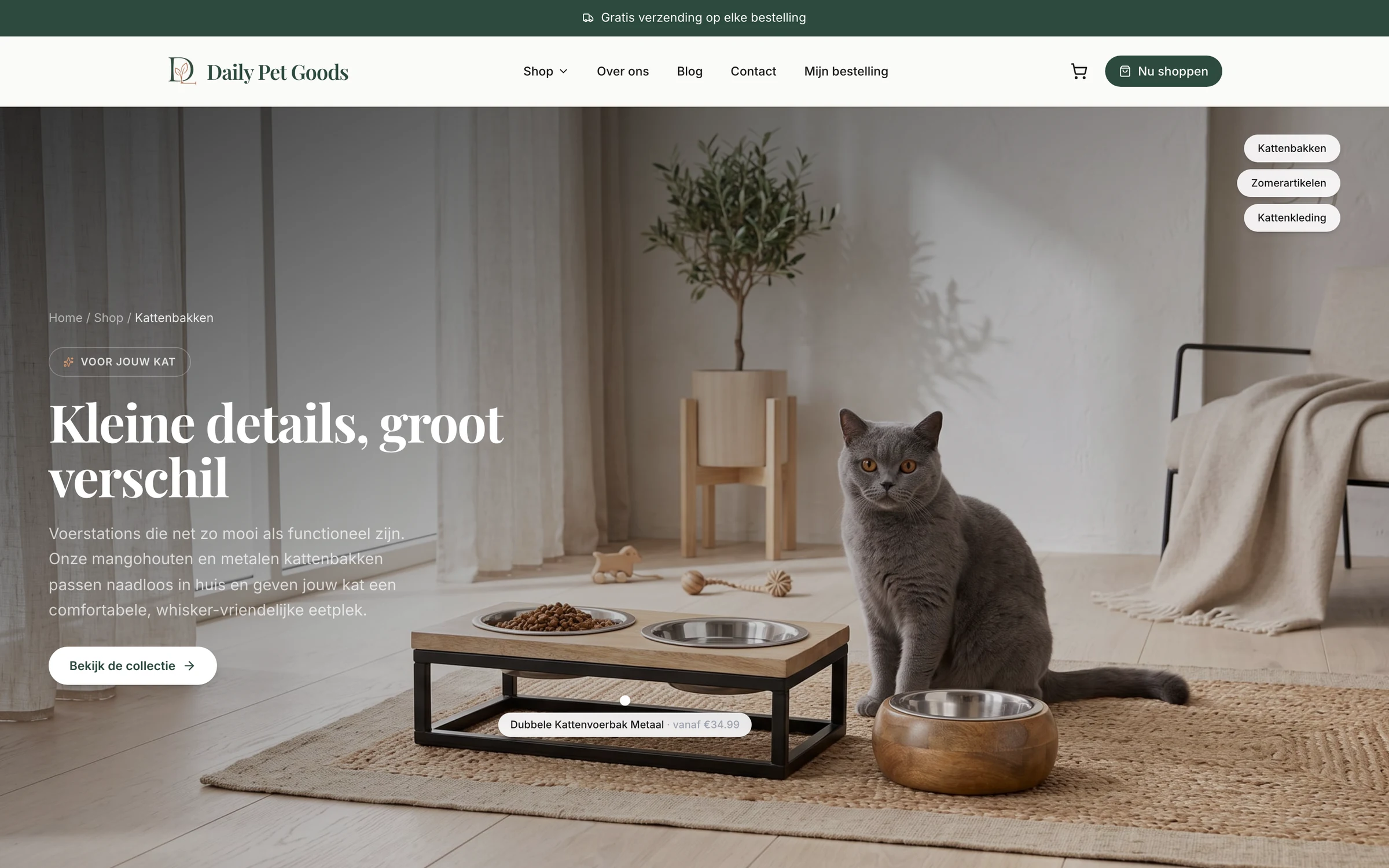 The cat category, a British shorthair curled on a sofa bed in a bright room, with the collection listed beneath.
