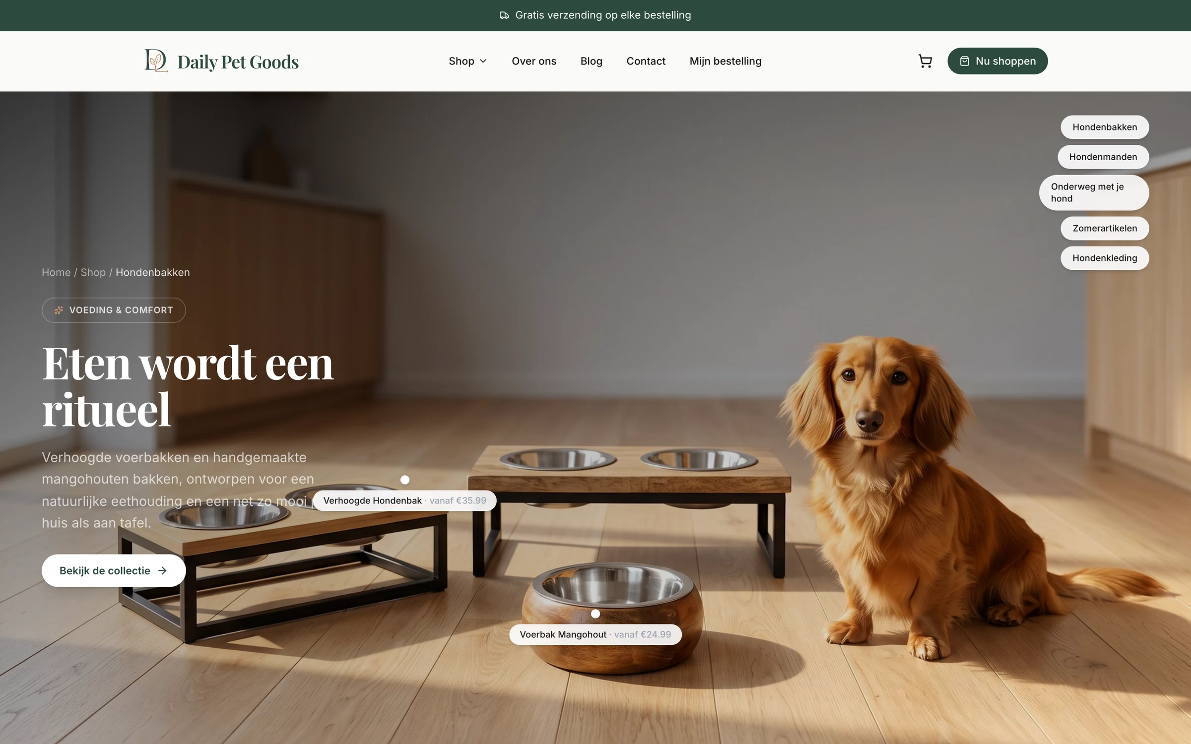 The dog category, "Eten wordt een ritueel", headed by a long-haired dachshund beside a feeding station.