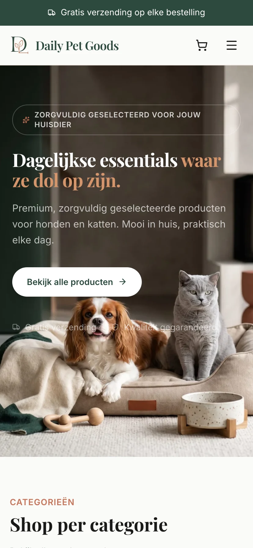 The homepage on a phone: the hero, the category tiles and the start of the range.
