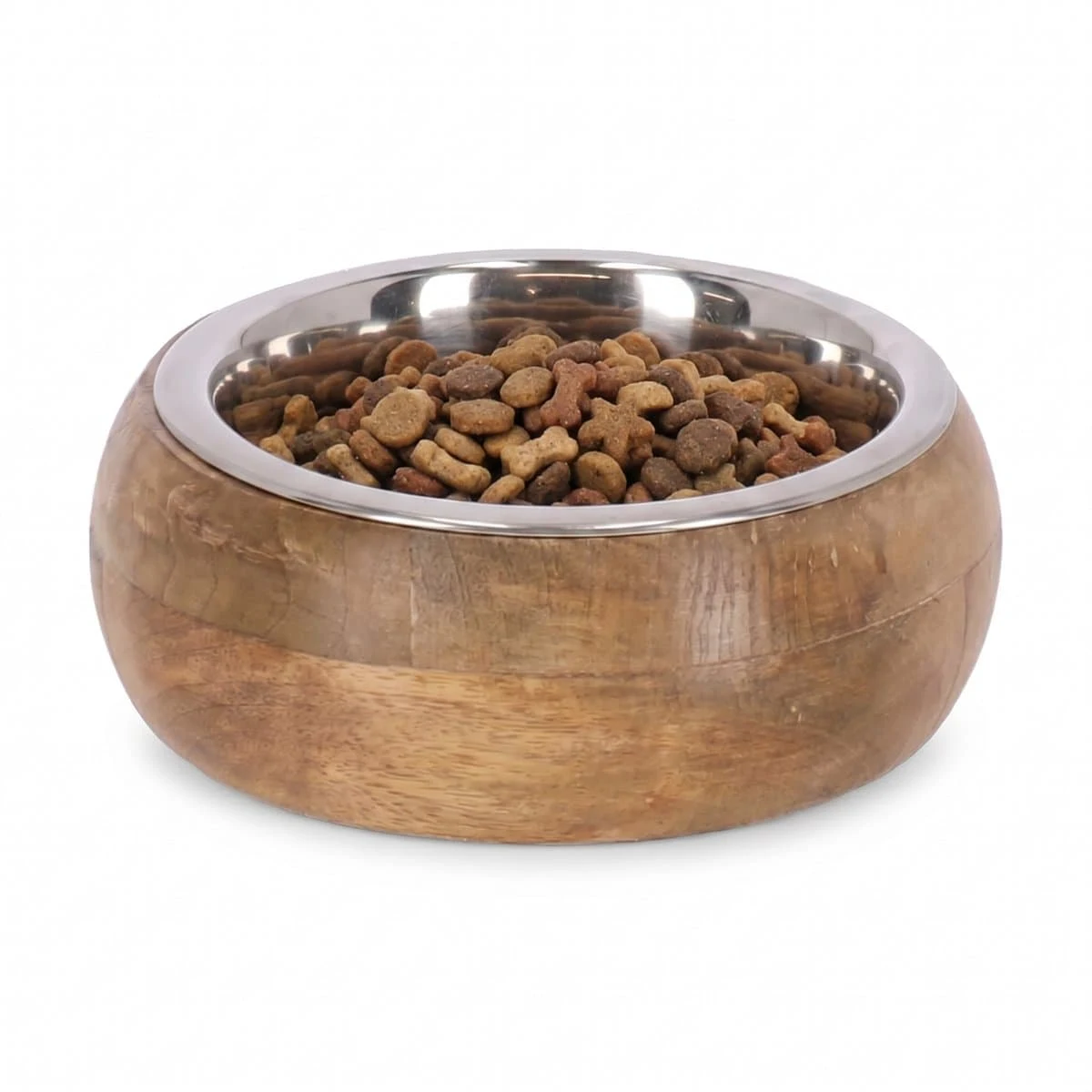 Product photo of the mango-wood bowl with its stainless steel insert, filled with kibble, on a plain white background.