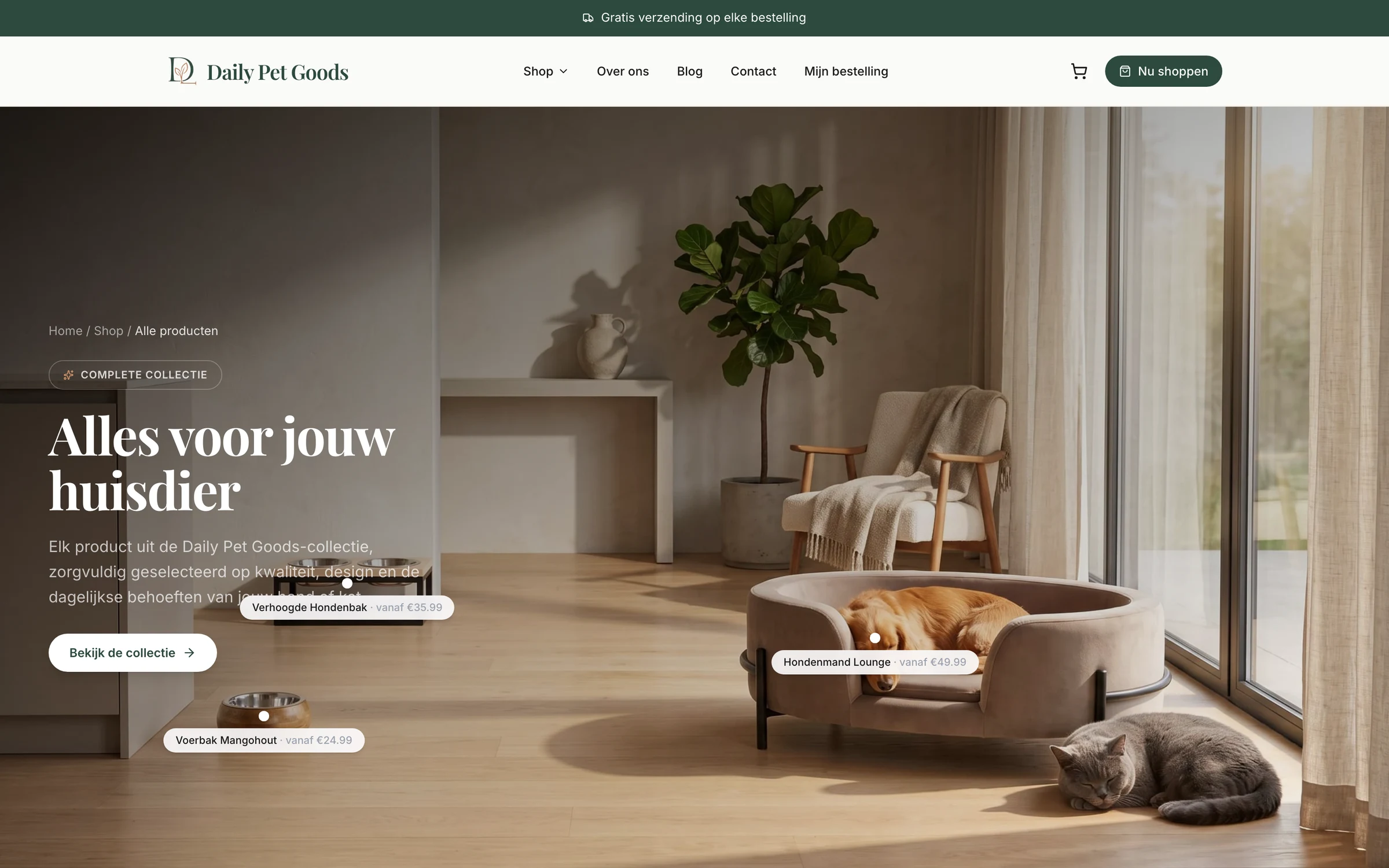 Shop page, "Alles voor jouw huisdier", the full range listed over a living-room scene with a cat asleep beside a sofa bed.