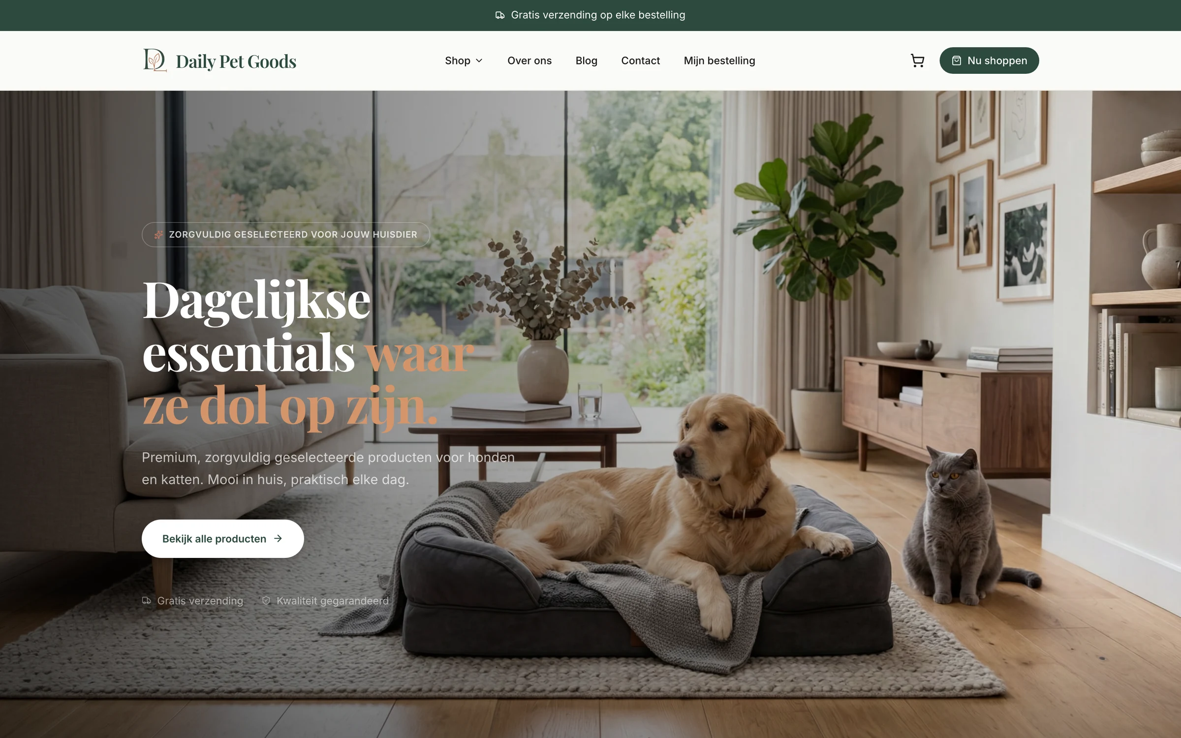 Homepage of the Daily Pet Goods webshop, a golden retriever and a cat sharing a bed in a sunlit living room beside the headline "Dagelijkse essentials waar ze dol op zijn."