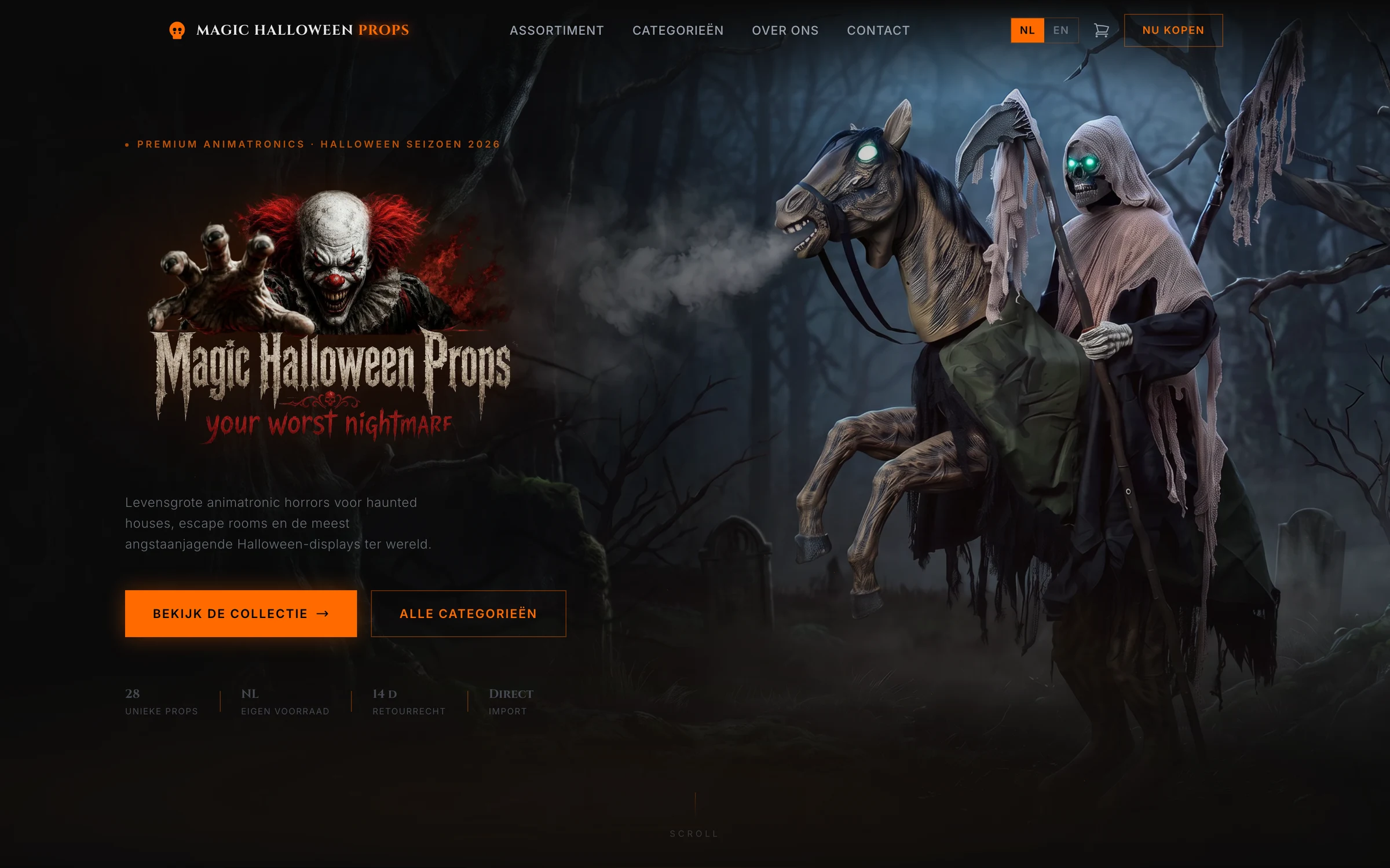 Homepage of Magic Halloween Props, a headless horseman and two robed figures lit against a night graveyard scene.