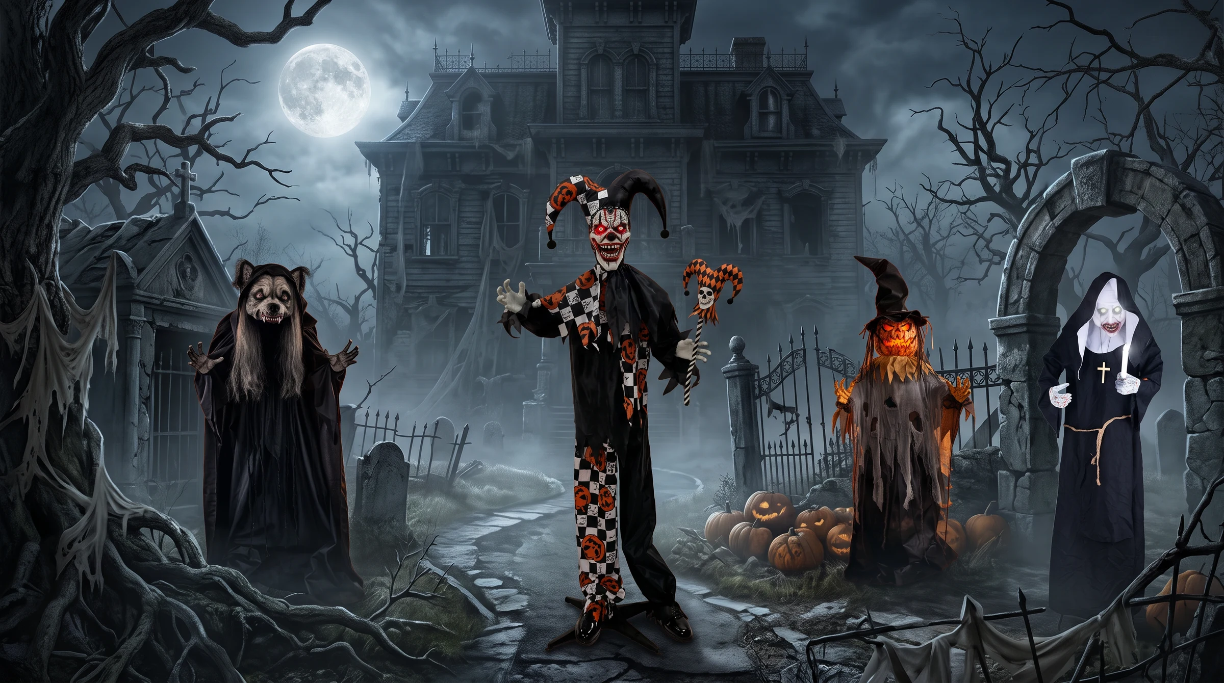 Collection hero from the site: a wolf-girl, a terror clown, a nun and a popping pumpkin staged together in a graveyard outside a haunted house.