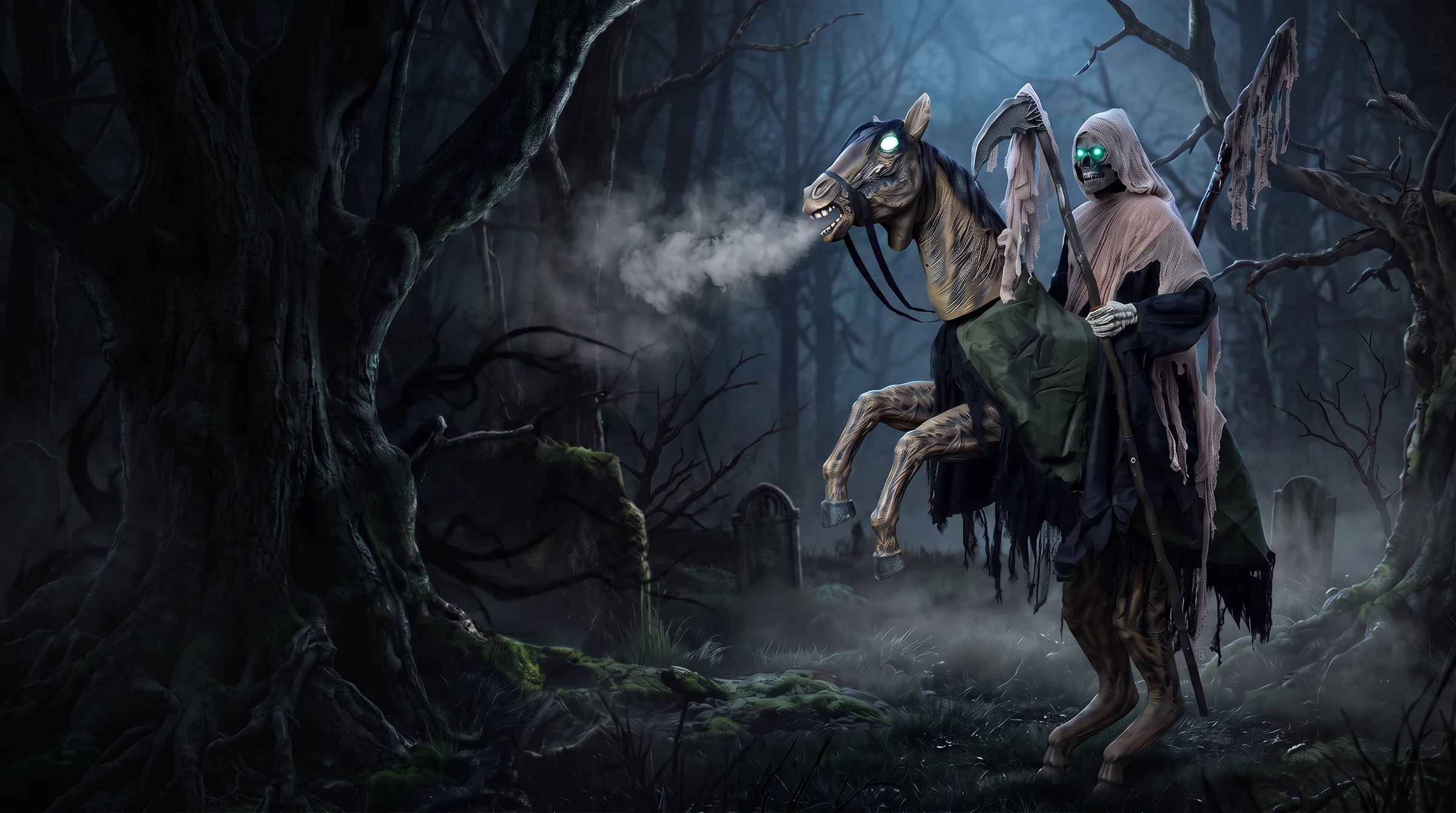 Section hero: the Riding Dead, a headless horseman animatronic on a skeletal horse in a misted wood.