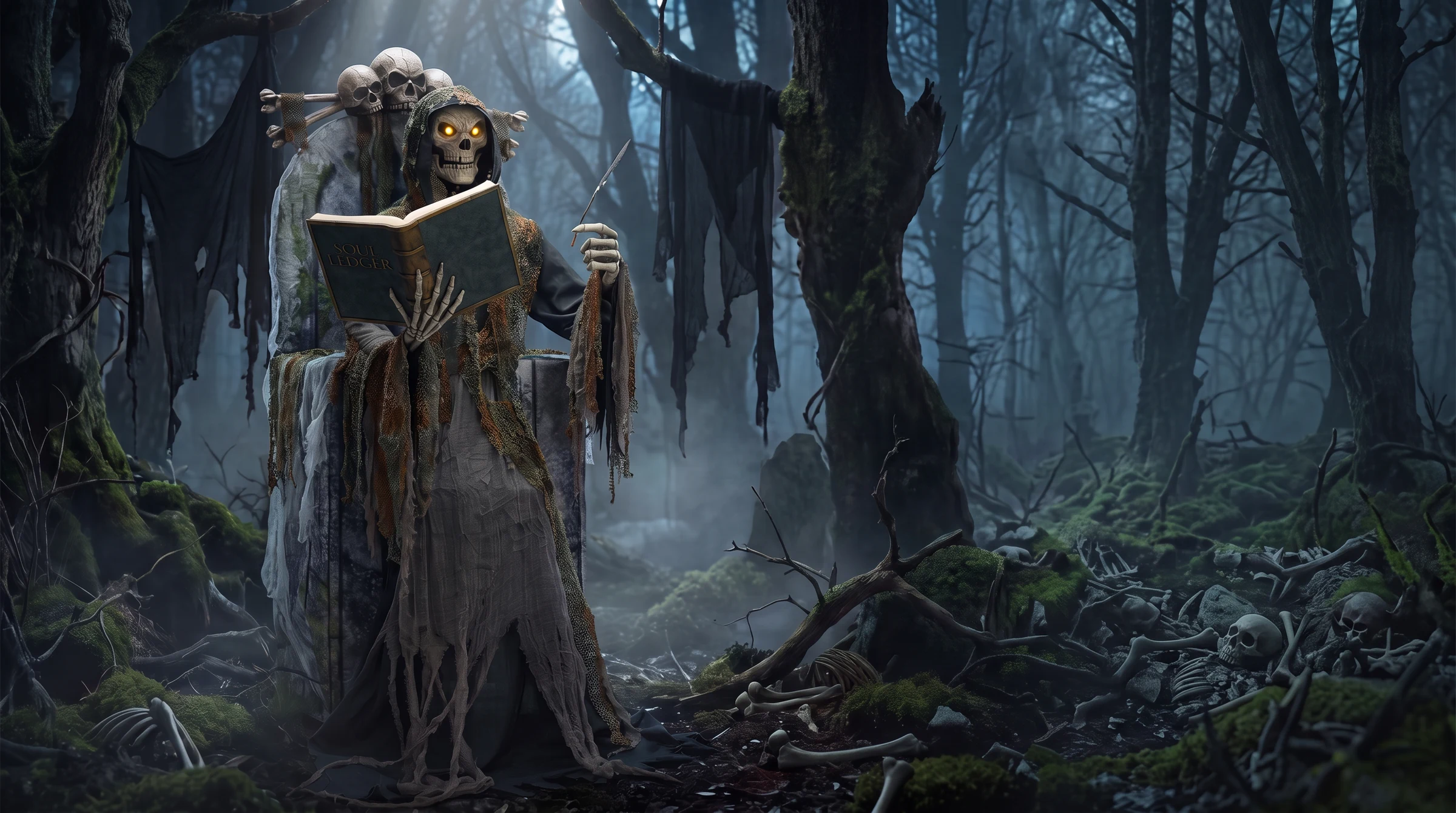 Premium animatronics hero: the Soul Reaper, a robed figure holding an open book, lit in a dark forest.