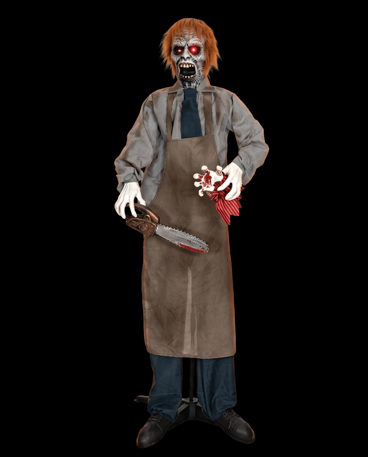Animatronic prop: a butcher zombie in a bloodied apron holding a cleaver.
