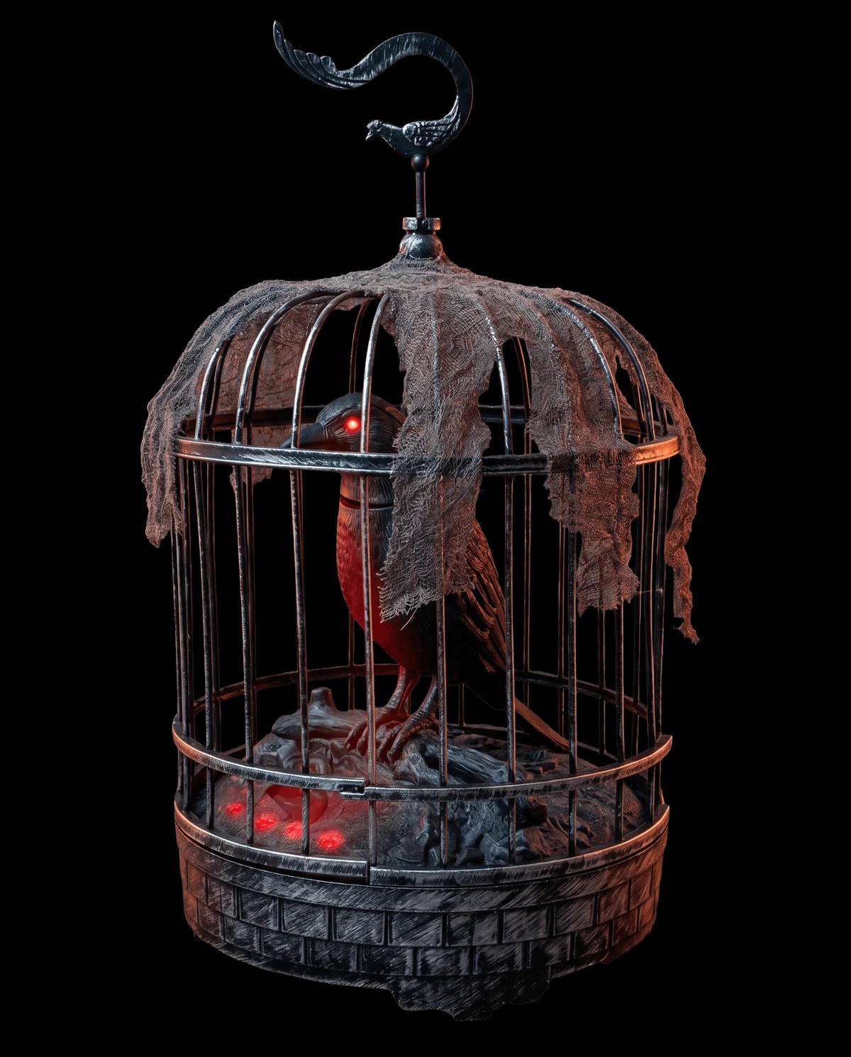 Animatronic prop: a lit iron birdcage with a crow inside.