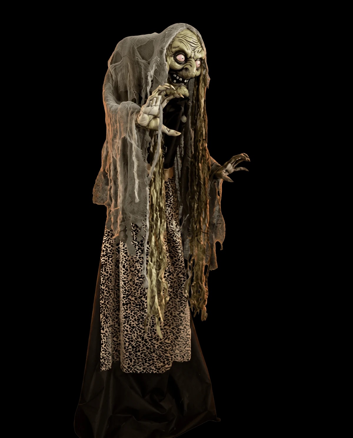 Animatronic prop: a hooded crypt creeper in draped burlap.