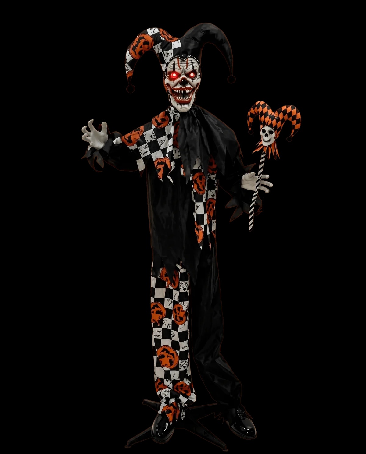 Animatronic prop: a jester-collared evil clown in harlequin costume holding two puppets.