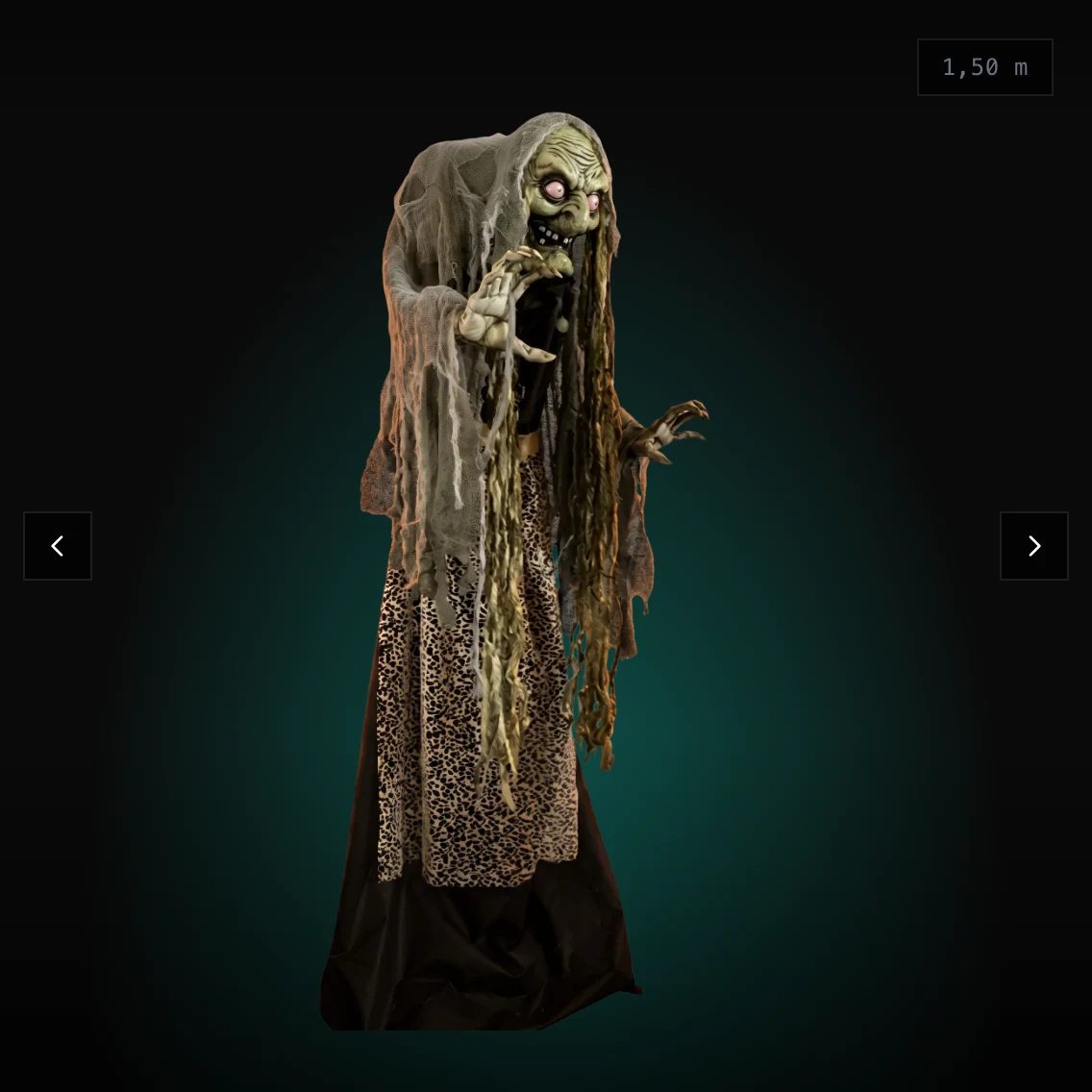 Product page of Magic Halloween Props, showing one animatronic with its specifications.