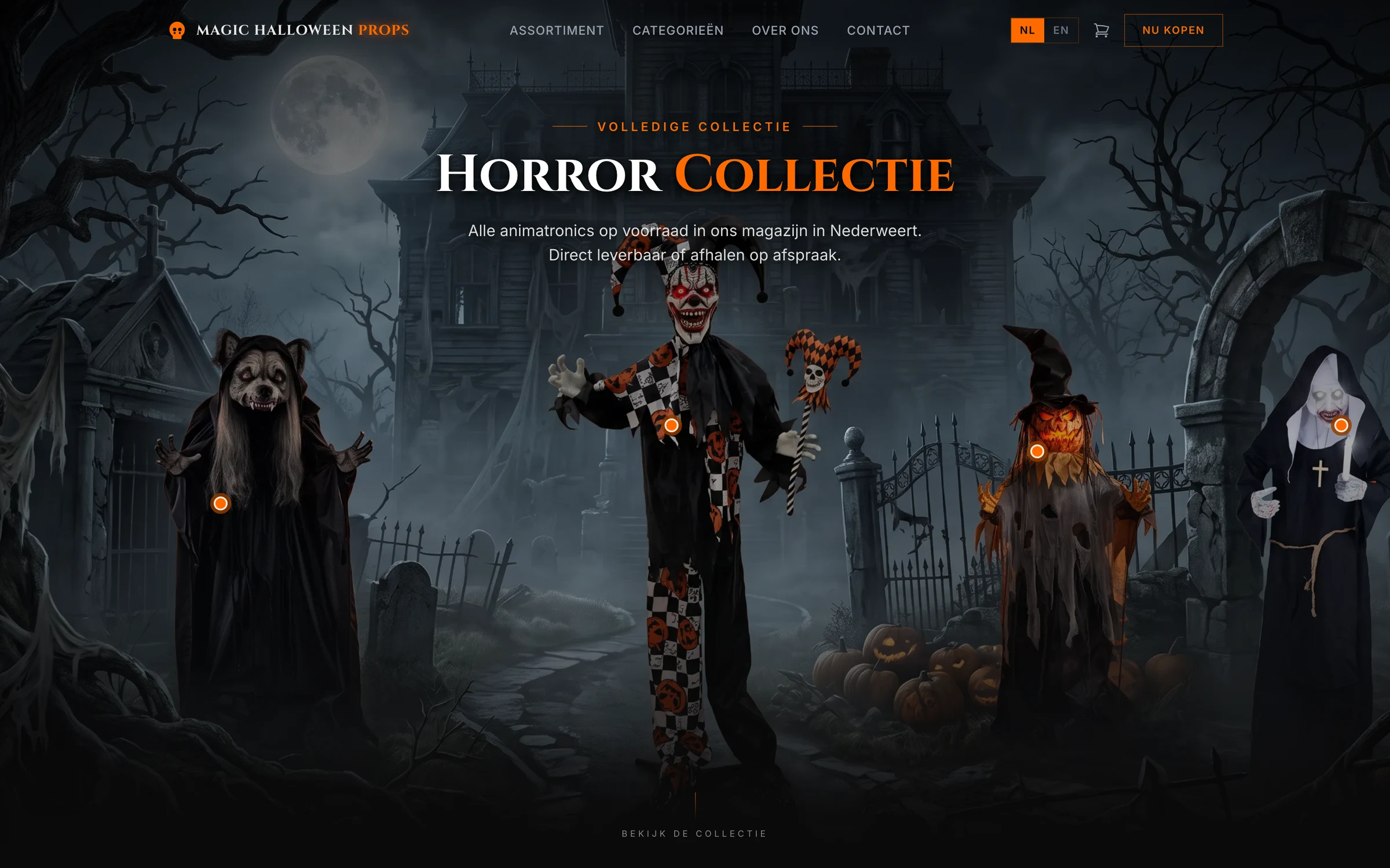 The "Horror Collectie" page, the animatronics lined up against the graveyard backdrop with prices.
