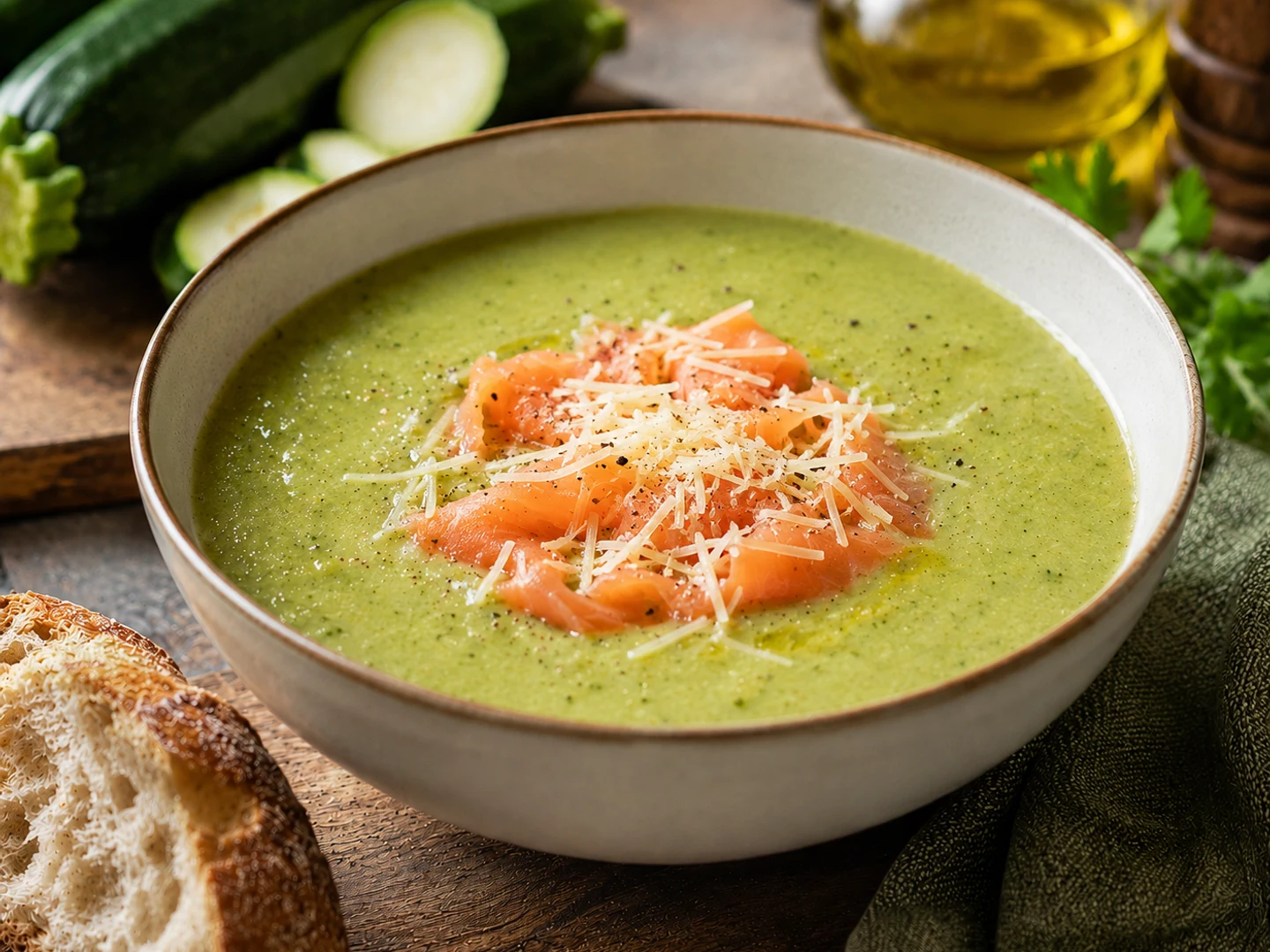 Recipe photograph: courgette soup finished with cream and smoked salmon, bread alongside.
