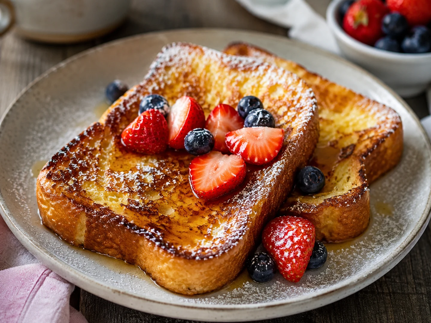Recipe photograph: pain perdu dusted with sugar and topped with strawberries and blueberries.