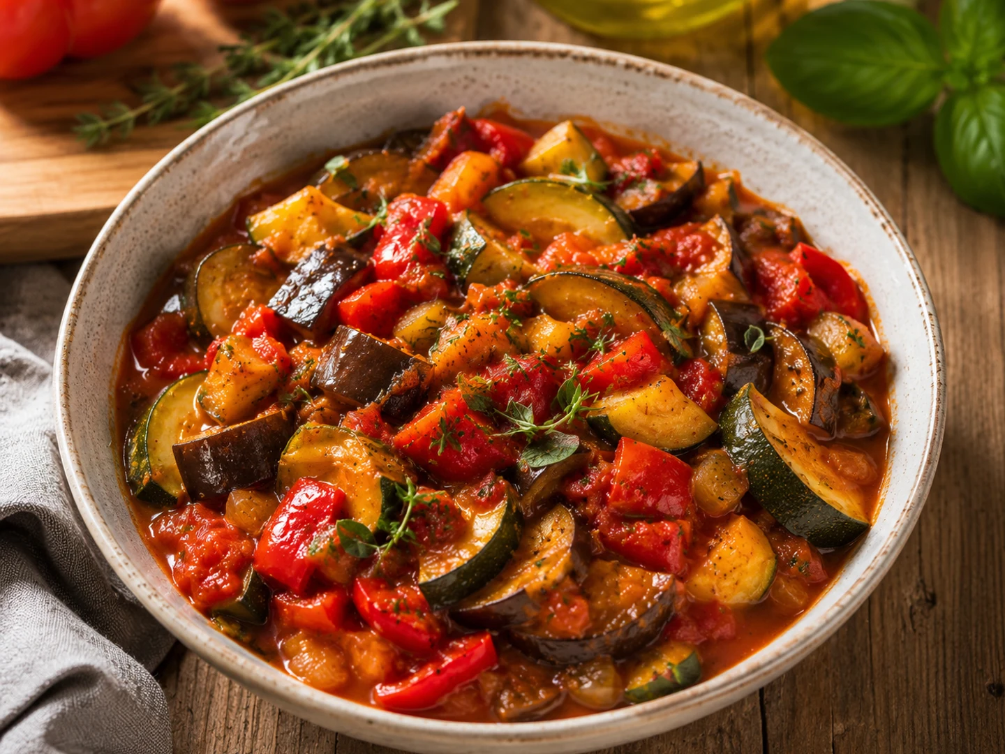 Recipe photograph: ratatouille in a ceramic pot on a wooden table.