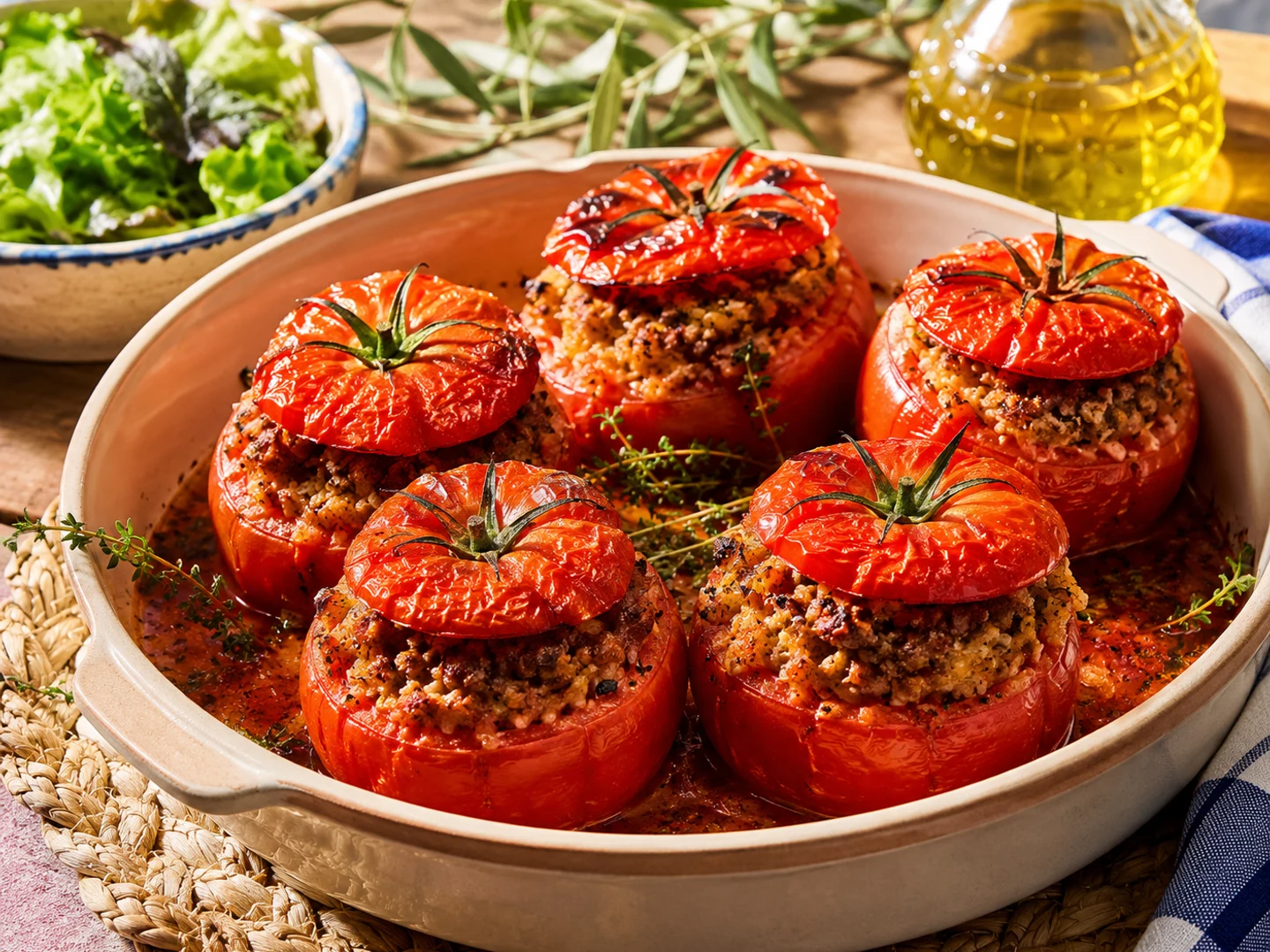 Recipe photograph: stuffed tomatoes baked in a shallow dish, herbs scattered over.