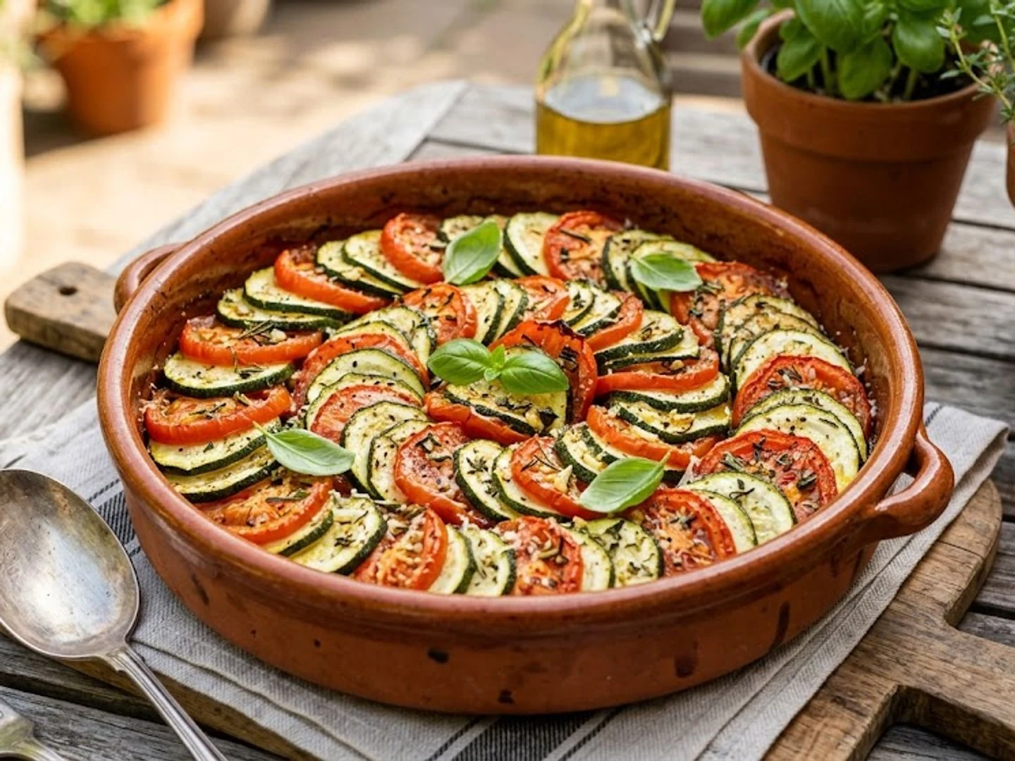 Recipe photograph: a Provençal tian of sliced tomato and courgette in a terracotta dish.