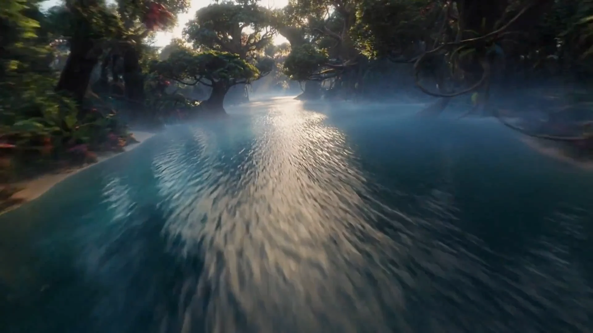 Still: a shallow turquoise channel running through the alien forest, mist over the water.