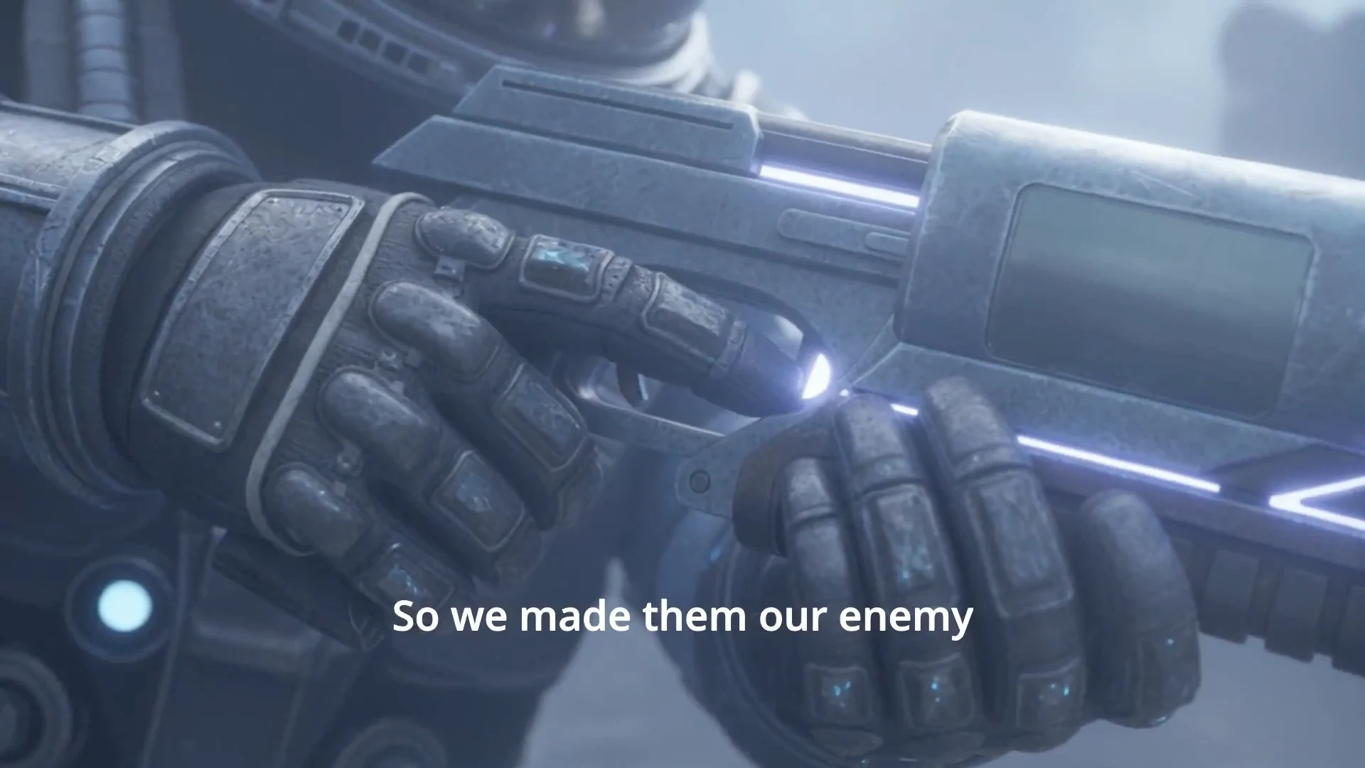 Still: a gloved hand on a rifle, captioned "So we made them our enemy".