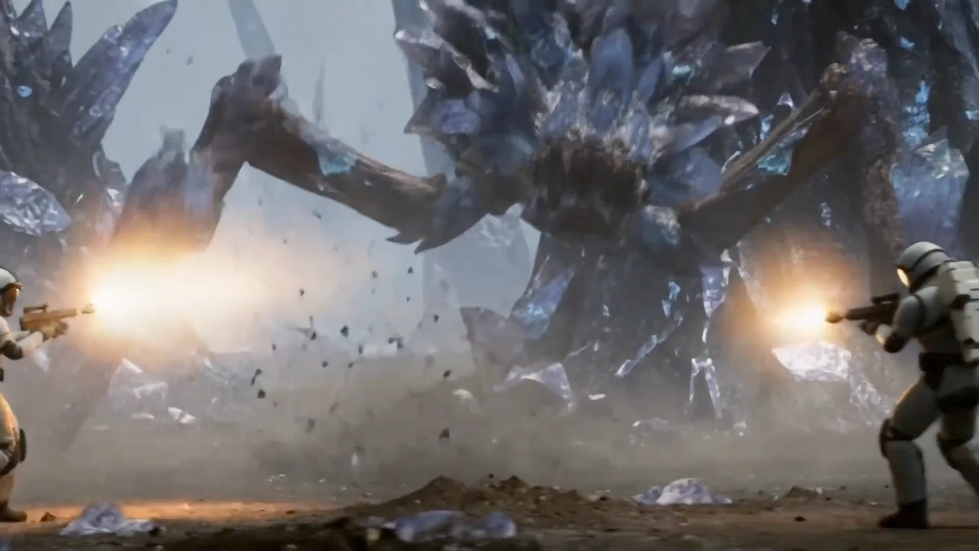Still: a crystalline creature rearing over a soldier as muzzle flashes light the ground.