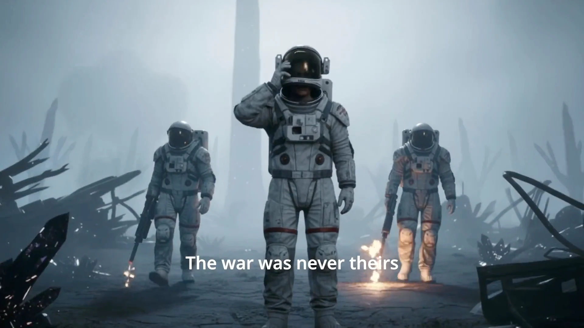 Still: three figures in pressure suits walking out of the smoke, captioned "The war was never theirs".