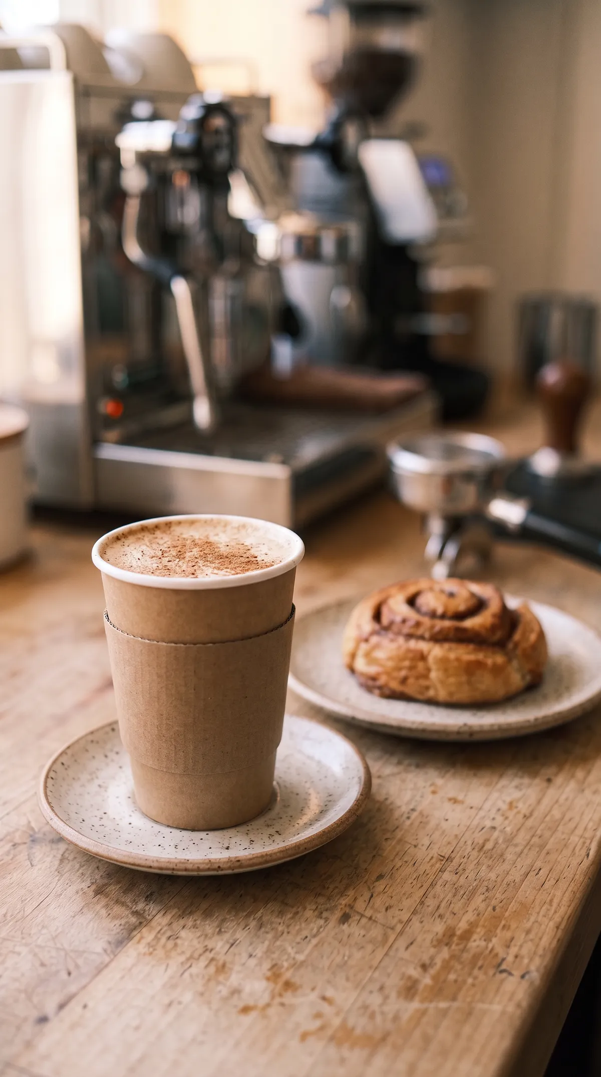 To go, with a cinnamon bun