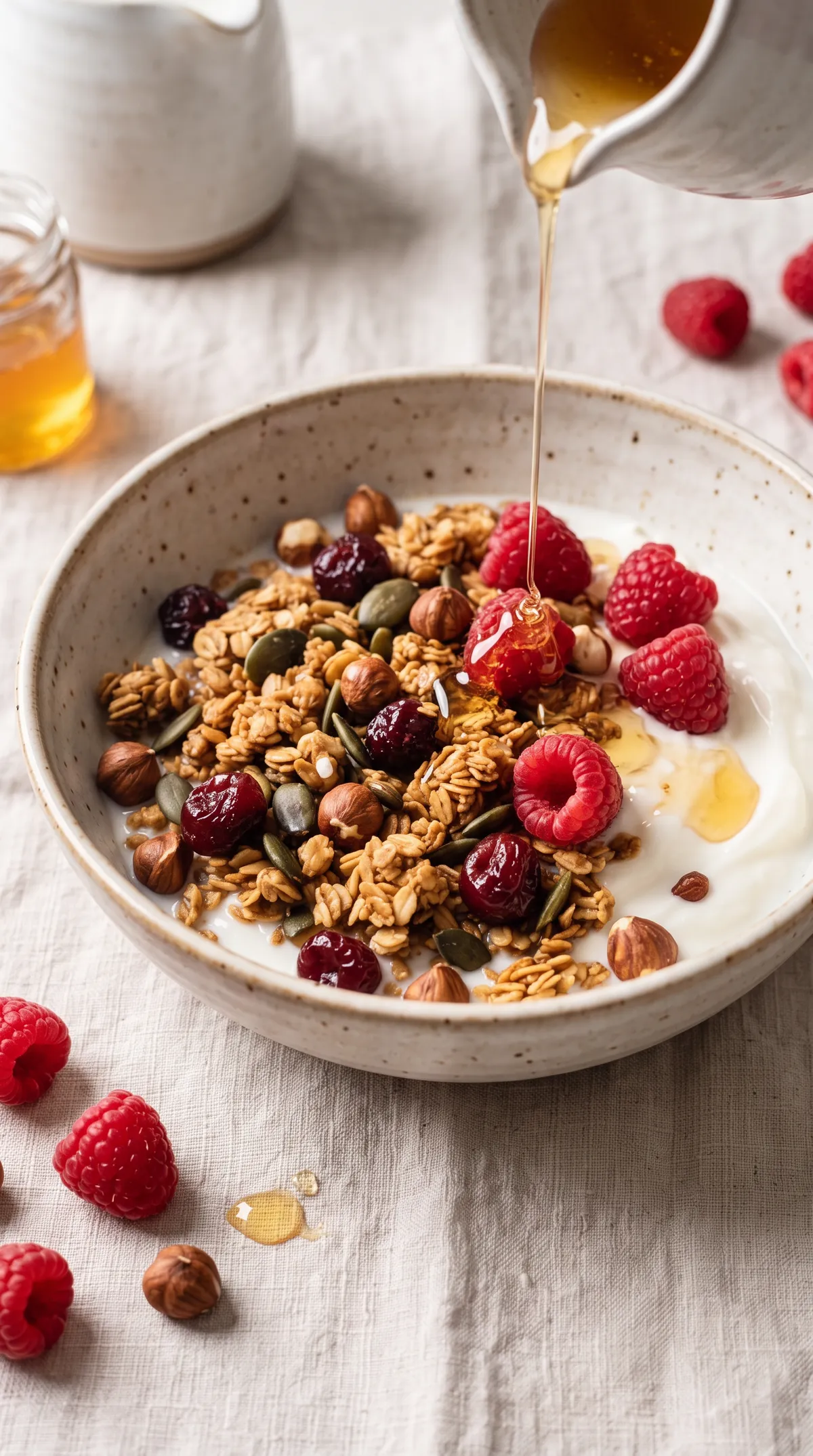 Yoghurt, raspberries, honey