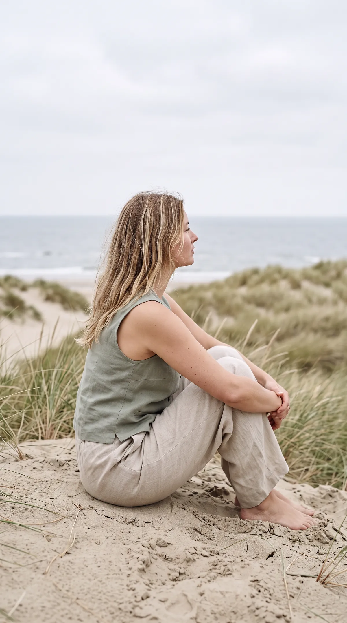 Vest and wide trousers on the dune edge