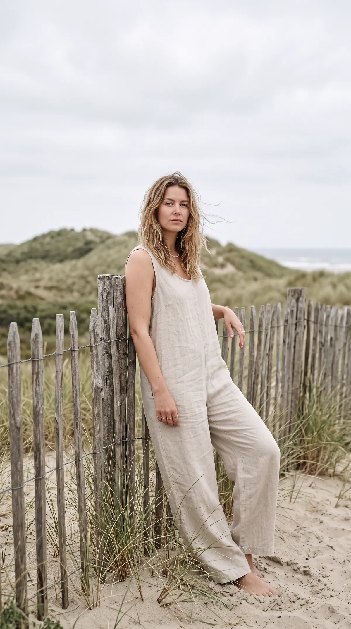 Jumpsuit by the beach fence