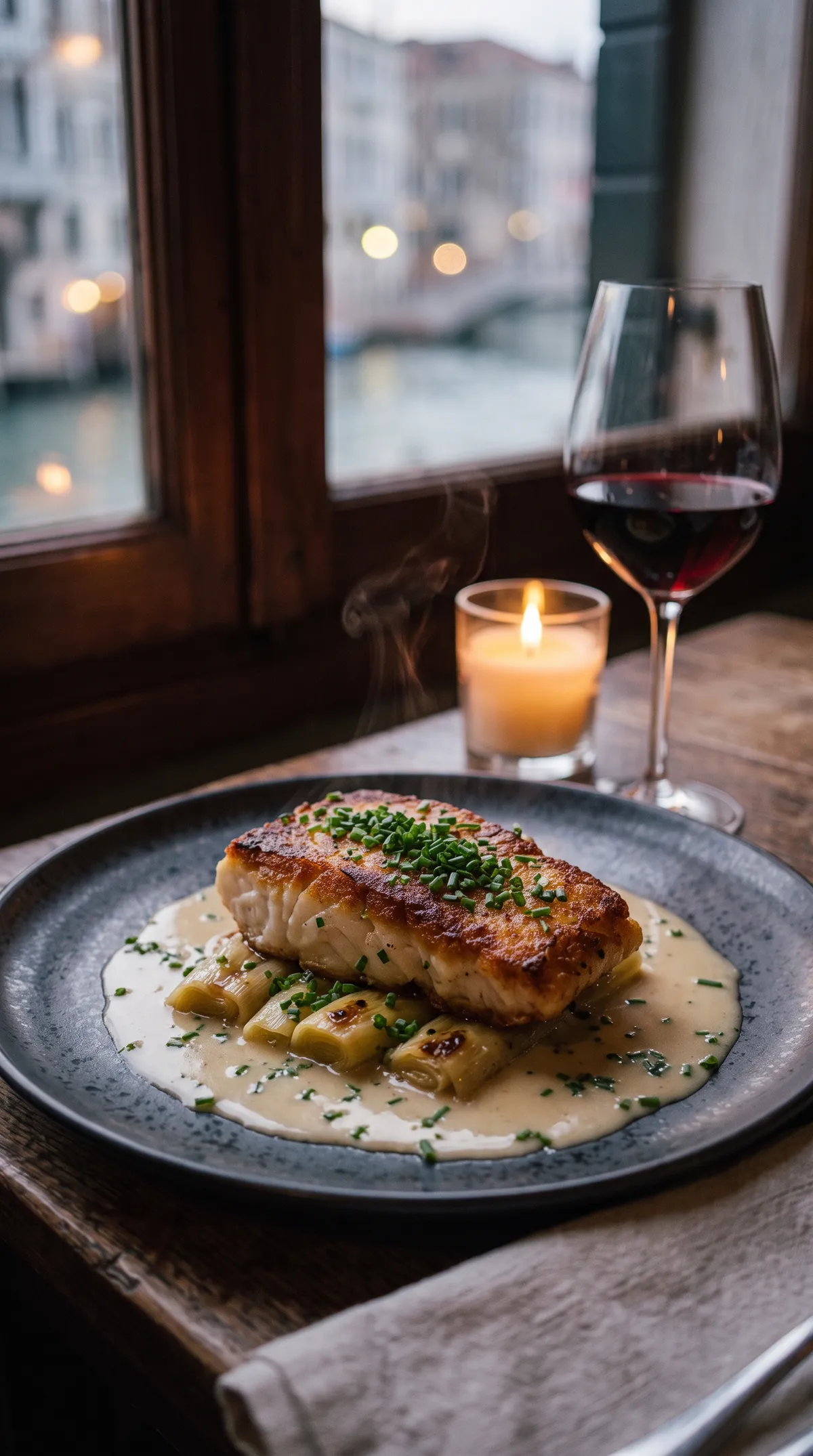 Pan-fried cod on braised leeks