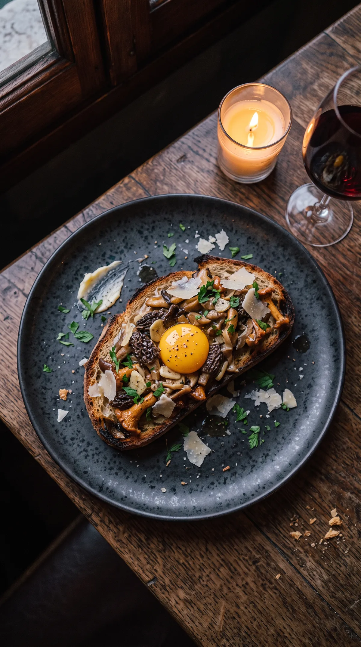 Wild mushrooms on sourdough with egg yolk