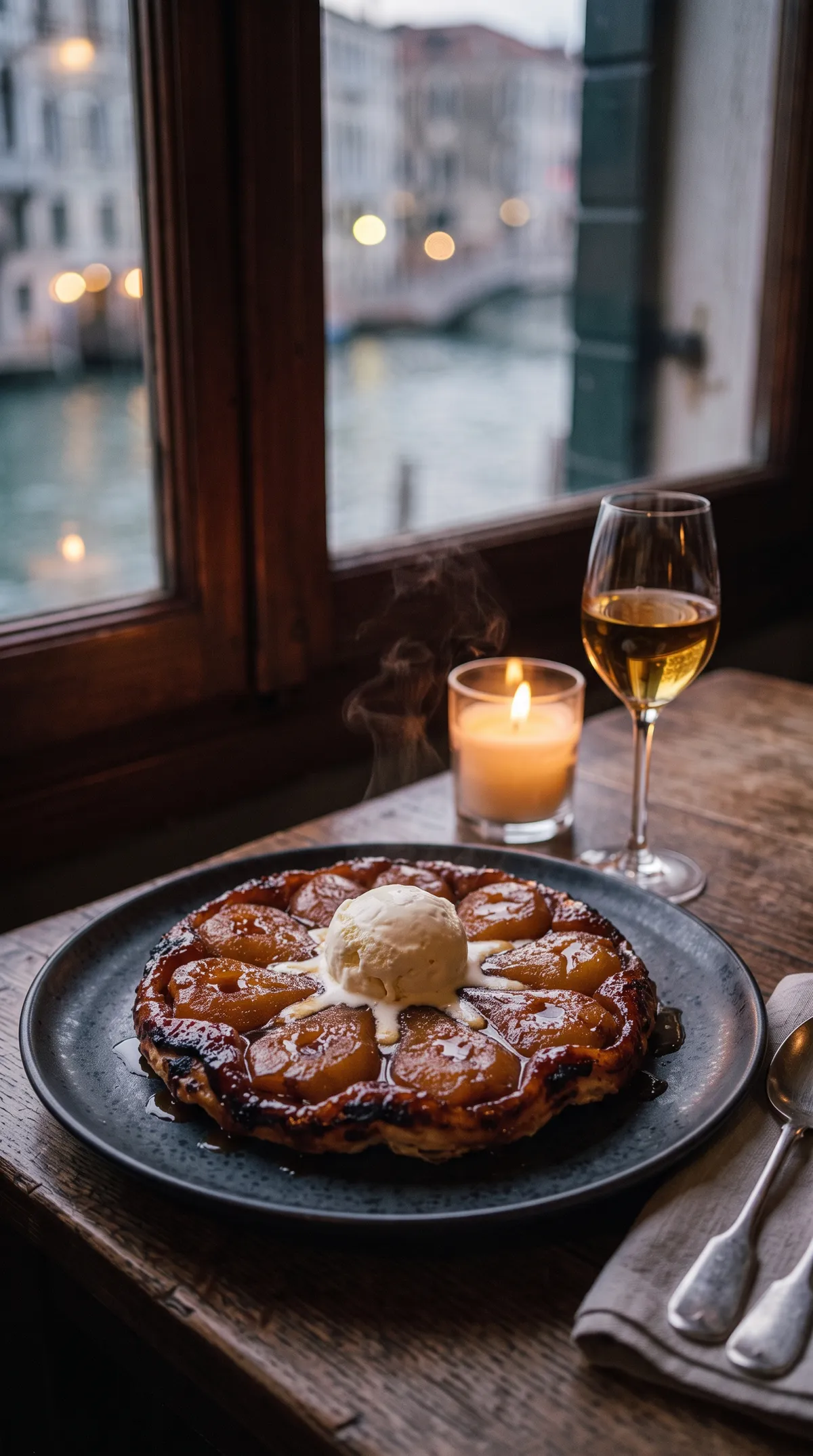 Pear tarte tatin with crème fraîche