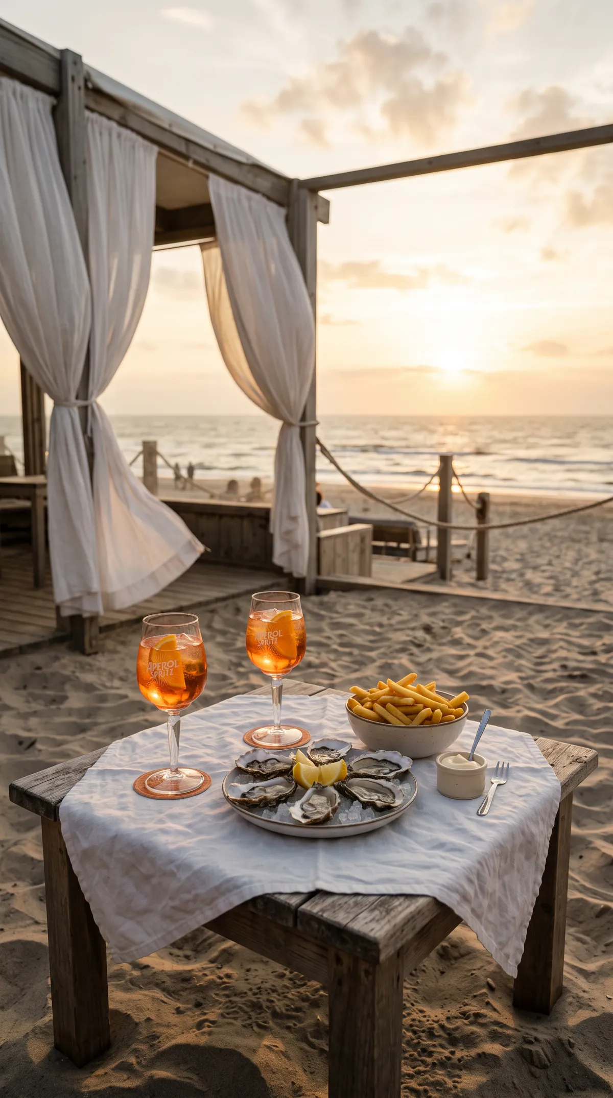 A table on the sand at sunset