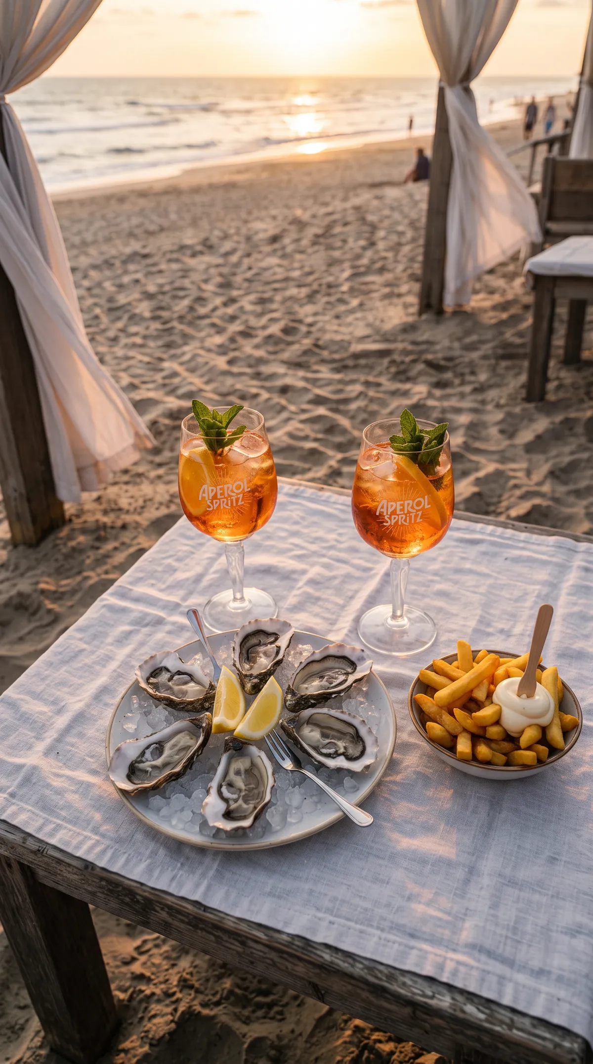 Oysters, fries and linen